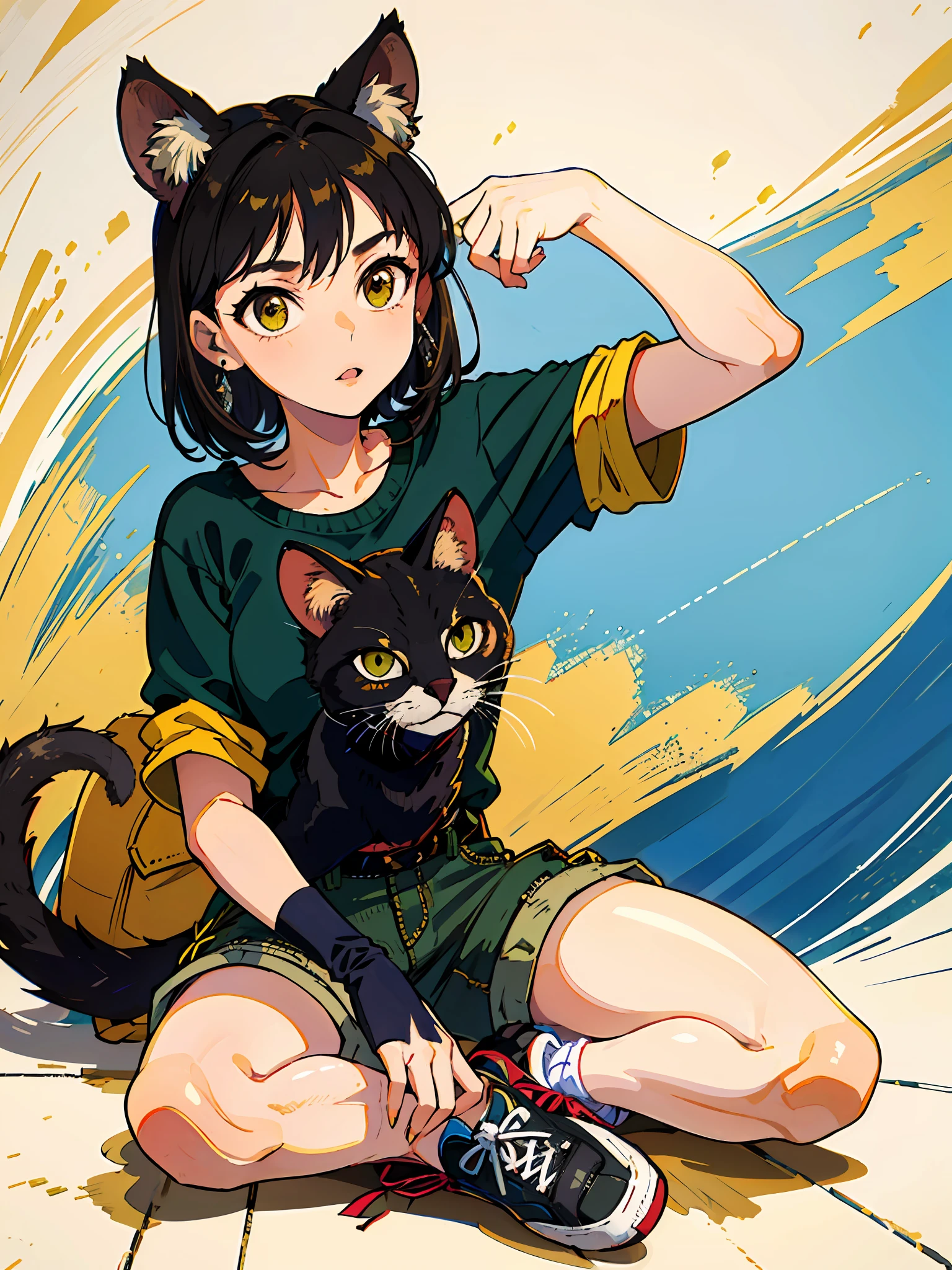 (obra-prima), (melhor qualidade), Menina, barnet, pequena, olhos azuis, cabelo curto preto, comb on the top of the head, orelhas de gato, pele branca, na bochecha bigodes de gato, rabo de gato, camisa casual, Shorts preto, wearing sneakers