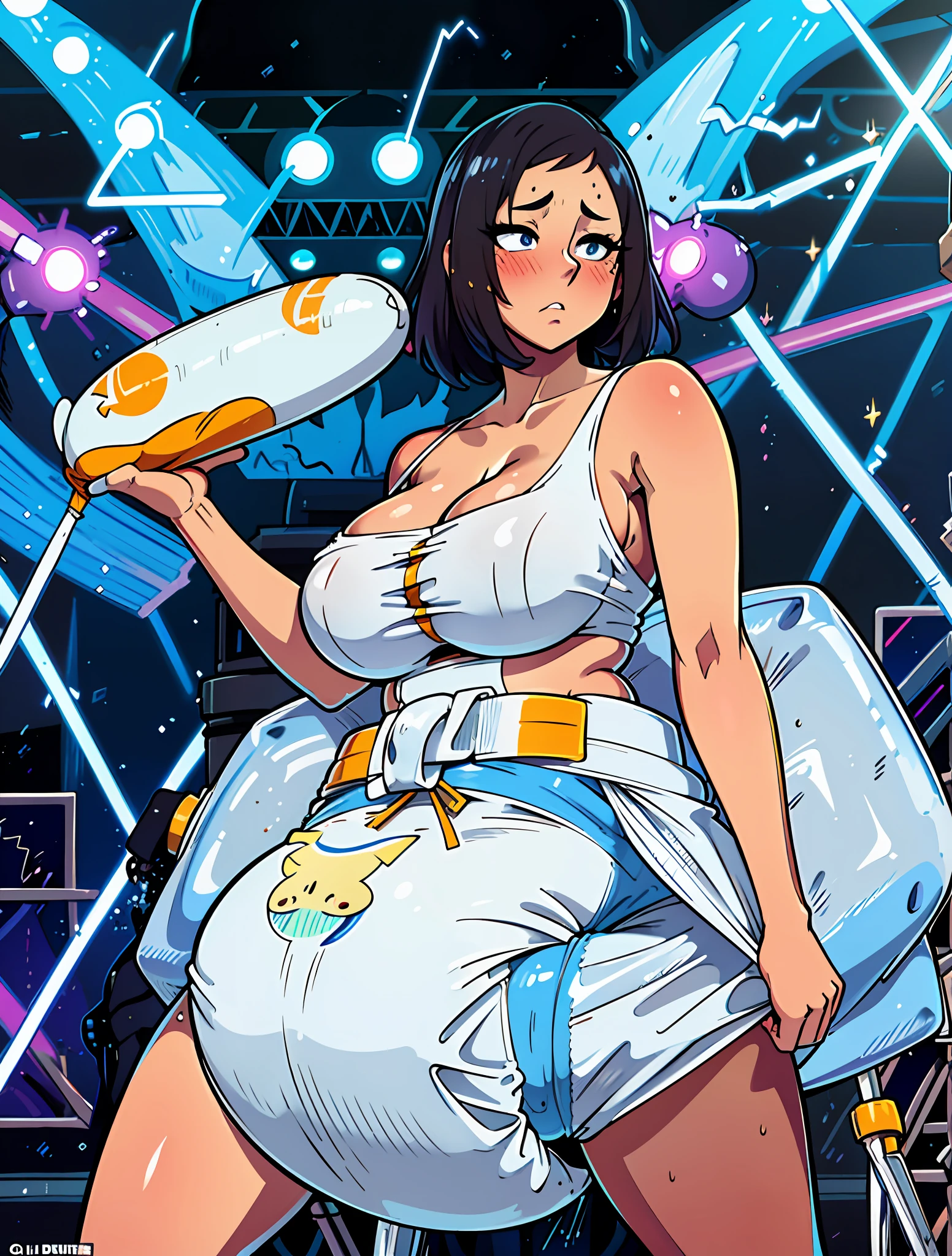 Sexy woman wearing (big diapers), busty, big breasts, wide hips, magical, beautiful faces, (stage), (stage lights), luxury, beautiful, colorful, inflatables, cleavage, (hypnotized), (blushing), (expressionless), (mind control), (pleasure)