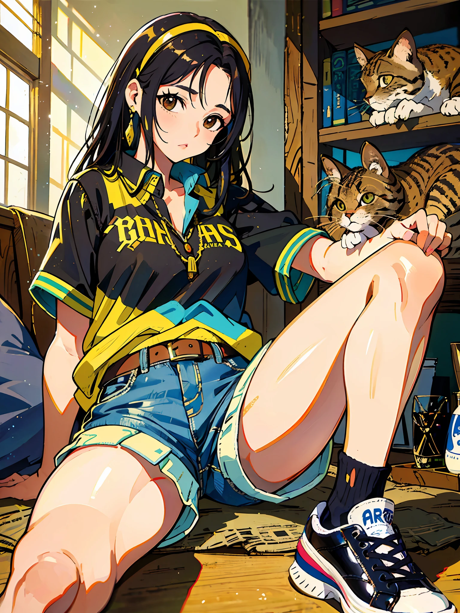 (obra-prima), (melhor qualidade), Menina, barnet, pequena, olhos azuis, cabelo curto preto, comb on the top of the head, orelhas de gato, pele branca, na bochecha bigodes de gato, rabo de gato, camisa casual, Shorts preto, wearing sneakers