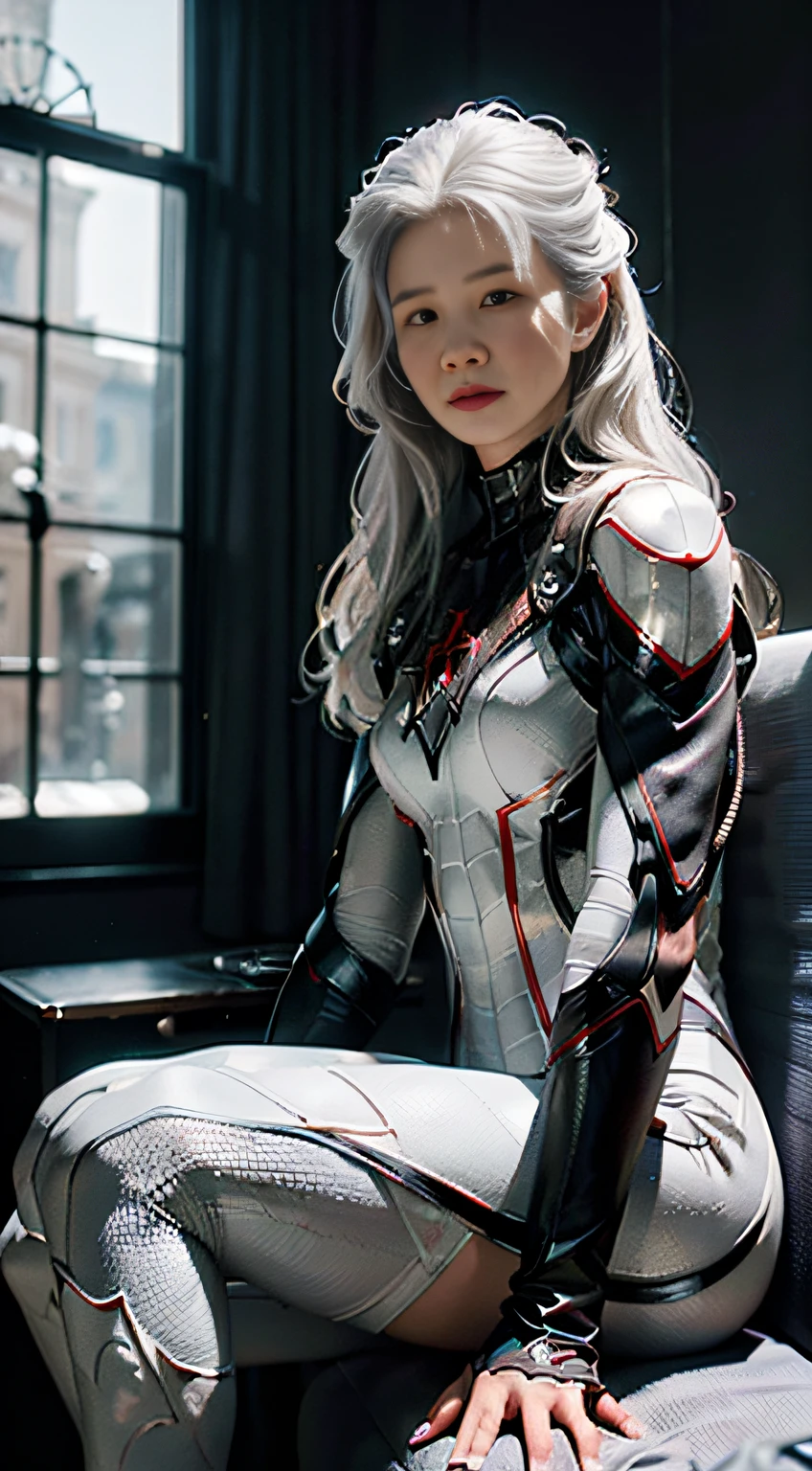 (Extreme Detail CG Unity 8K wallpaper, masterpiece, highest quality), (Exquisite lighting and shadow, highly dramatic picture, Cinematic lens effect), a girl in a white Spider-Man costume, silver gray hair color, from the Spider-Man parallel universe, Wenger, Marvel, Spider-Man, sitting on the couch, dynamic pose), (excellent detail, excellent lighting, wide angle), (excellent rendering, enough to stand out in its class), focus on white Spider-Man costumes, complex spider textures