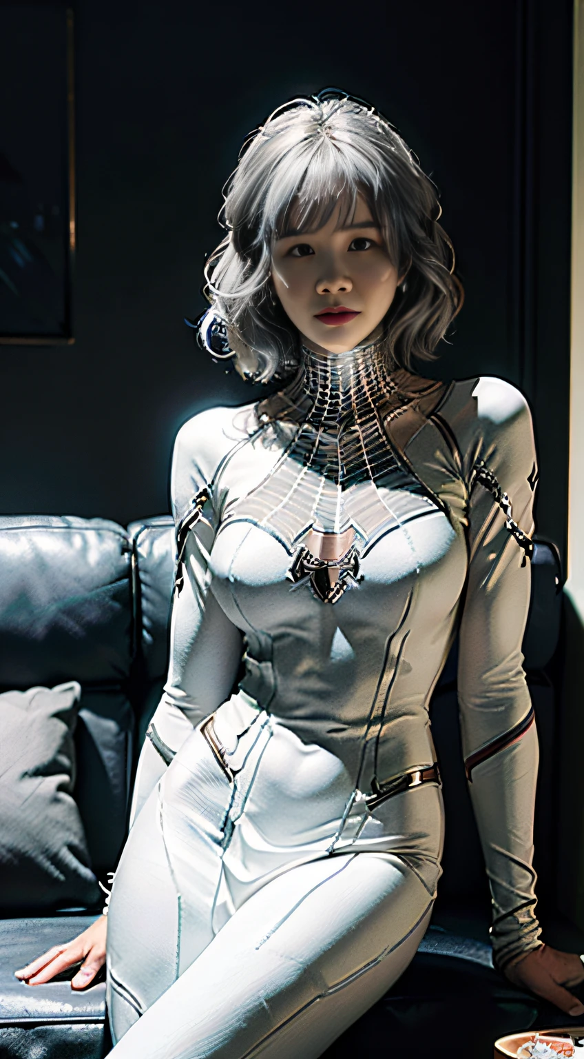 (Extreme Detail CG Unity 8K wallpaper, masterpiece, highest quality), (Exquisite lighting and shadow, highly dramatic picture, Cinematic lens effect), a girl in a white Spider-Man costume, silver gray hair color, from the Spider-Man parallel universe, Wenger, Marvel, Spider-Man, sitting on the couch, dynamic pose), (excellent detail, excellent lighting, wide angle), (excellent rendering, enough to stand out in its class), focus on white Spider-Man costumes, complex spider textures