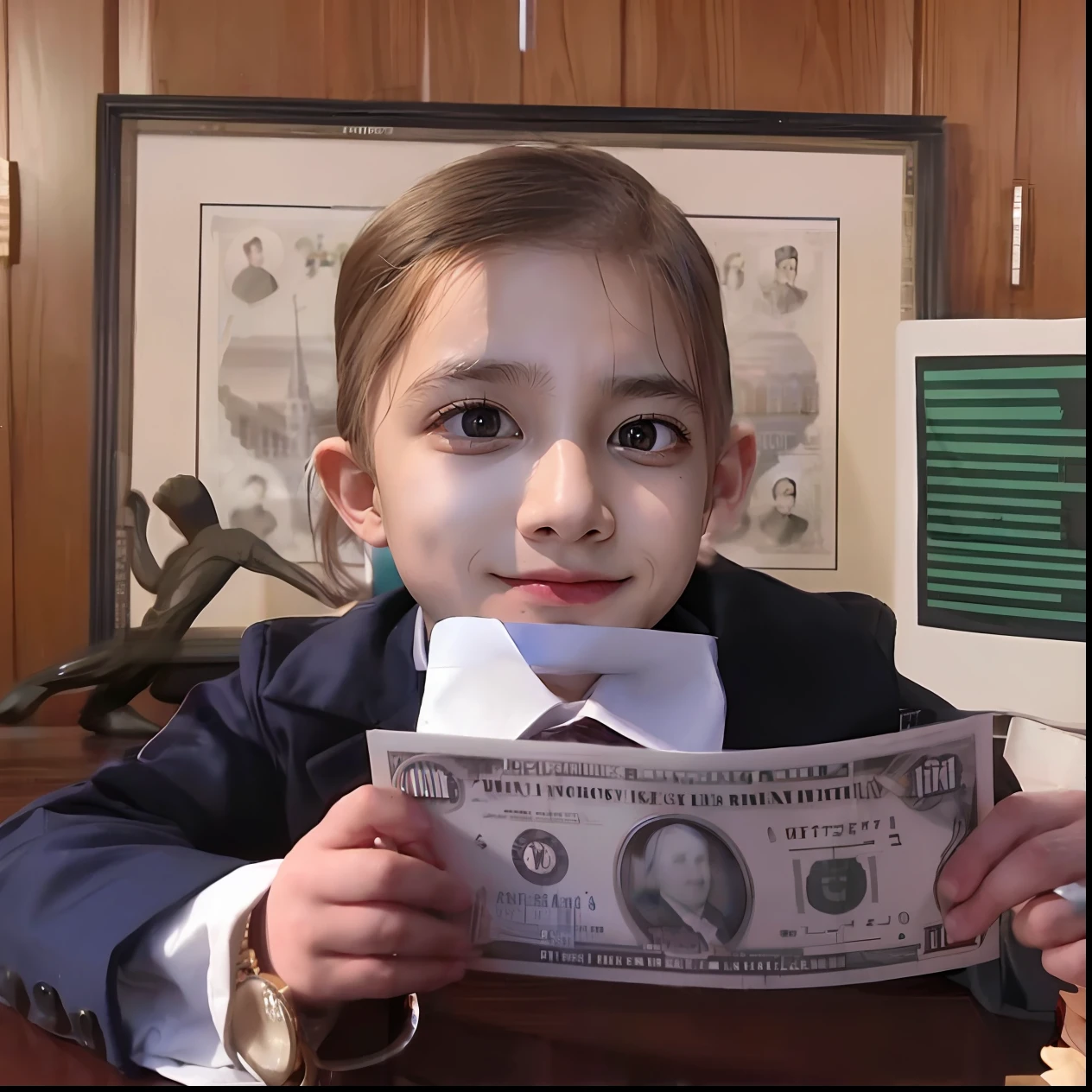 Boy in suit holding a bill in front of the computer, serious business, flaunting his wealth,Stock quotes by Linus Sebastian, The Wolf of Wall Street, , Barron Trump,