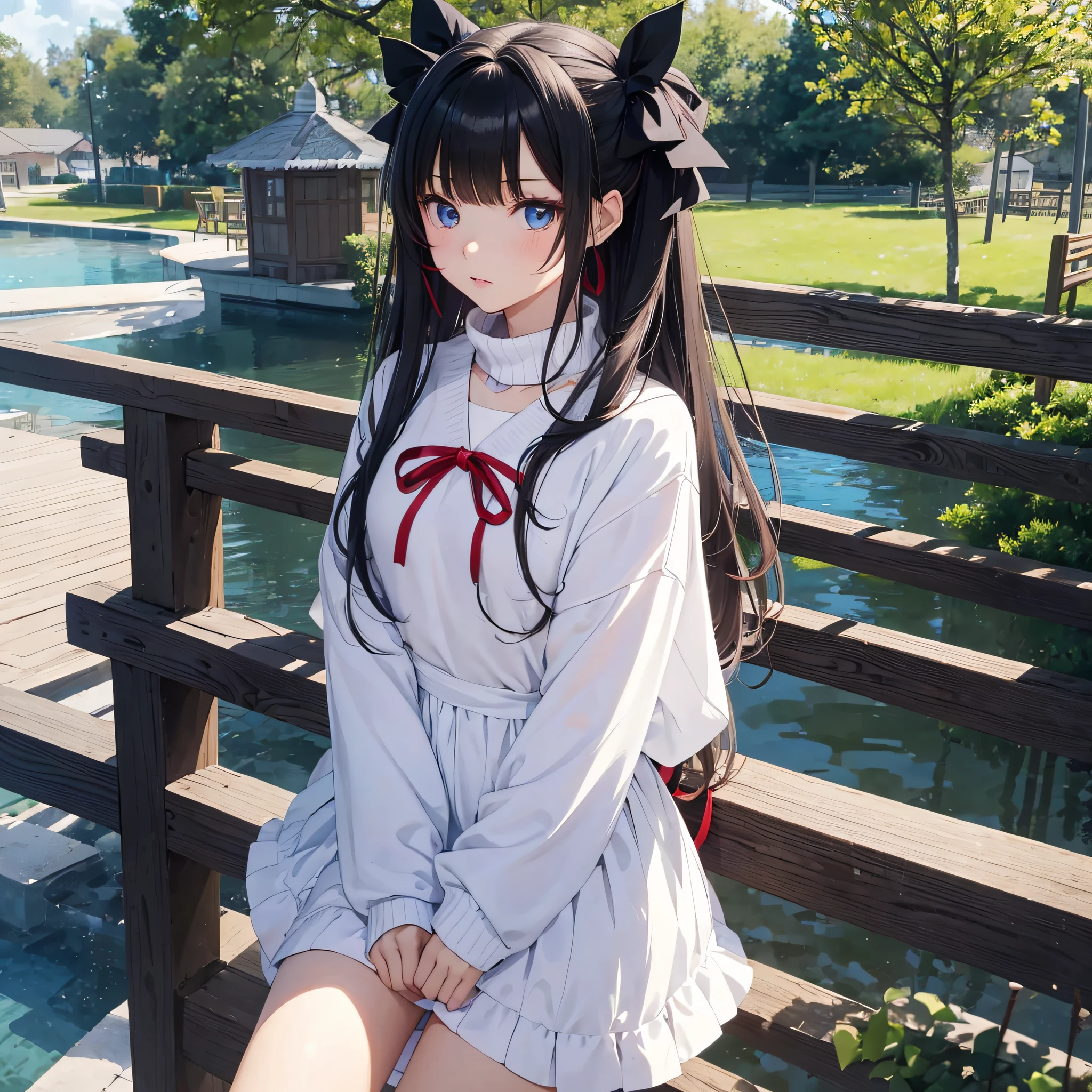 1girl， tohsaka-rin， 独奏， long whitr hair， Sweaters，  looking at viewert，don't have clothes， blue backdrop， brunette color hair， simple backgound， two sides up，don't have clothes ，eBlue eyes， cparted lips， Keep one's mouth shut， ribbons， tress ribbon， By bangs， ， The upper part of the body， Separate bangs， Black ribbon， ， double tails， nase， nakeness