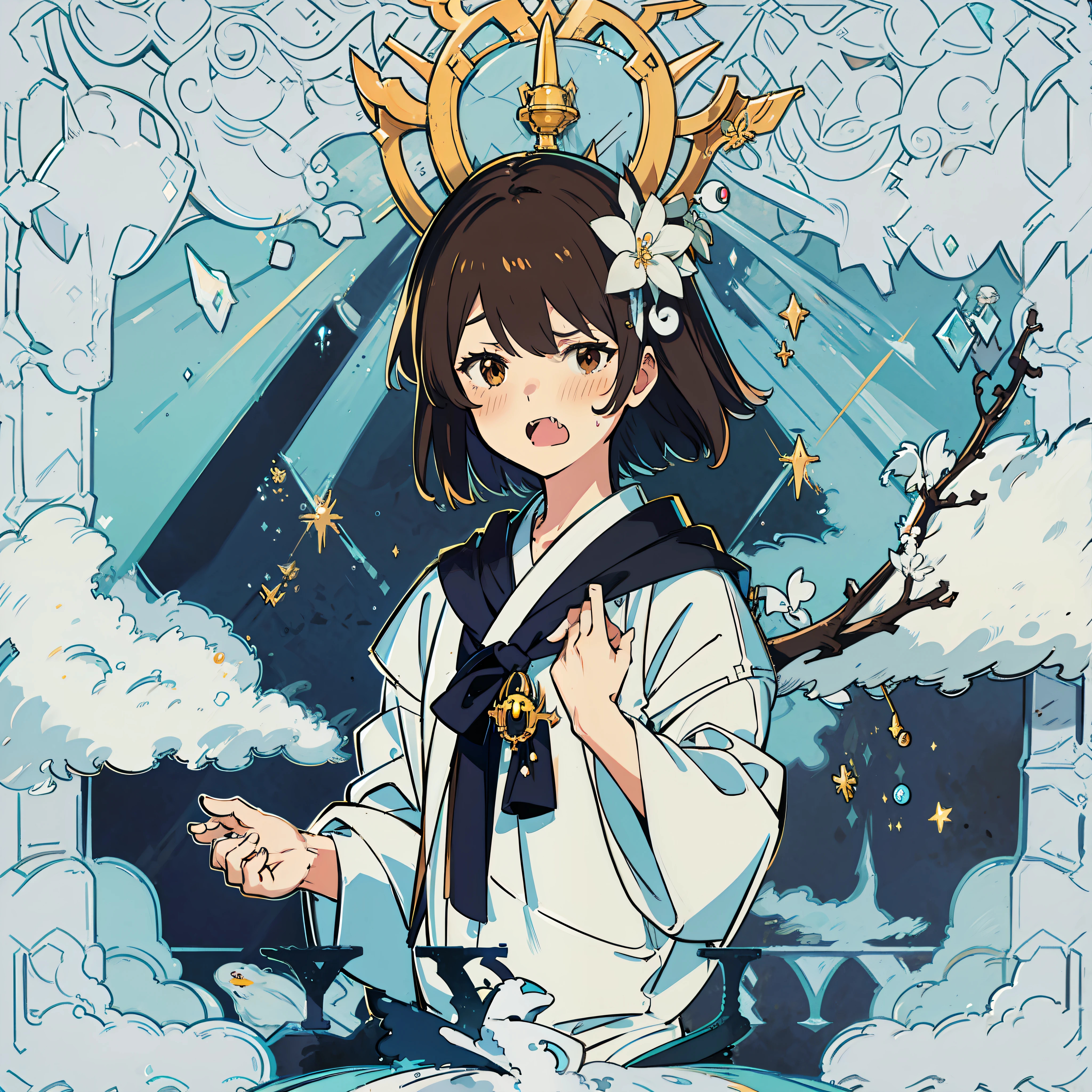 longeyelashes, solid circle eyes, ear blush, fang, bell, jeweled branch of hourai, brown hair, hair strand, glaring, tongue, jitome, drop shadow, anaglyph, tachi-e, pov, atmospheric perspective, god rays, high detail, anime, anime style, 8k, super detail, ccurate, best quality