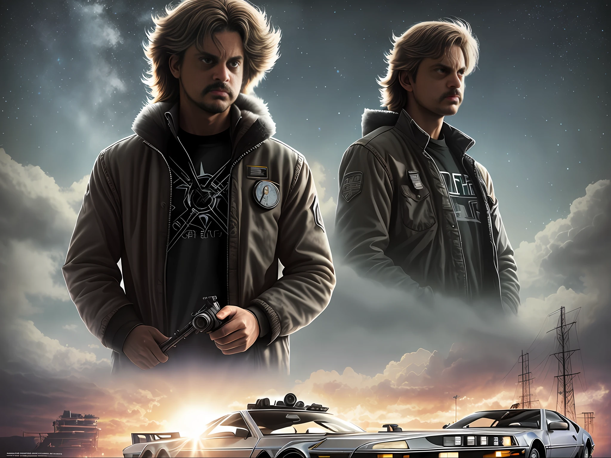 Poster de cinema, Doutor Emmet Brown, De Volta para o Futuro, deLorian de De Volta para o Futuro ao fundo, (cientista),(muscular:1.2), (lua cheia) HDR, high-quality cinematic angle, rosto perfeito, lighting soft fuzzy, profundidade de campo rasa, por (Oliver Wetter), foto (PlanetStain:0.1) (TimeCar:1.2) delorean, fotografado em uma Canon EOS R5, lente 28mm, F /2.8, Melhor qualidade, 4K, 8K, Ultra Highres, Raw Photo em HDR, Sharp Focus, Textura intrincada, Through a Storm on the Bayou, Obra-prima, Premiado, lighting dramatic, foco nítido, Detalhes suaves e intrincados, Papel de parede 8K, trending in the artstation