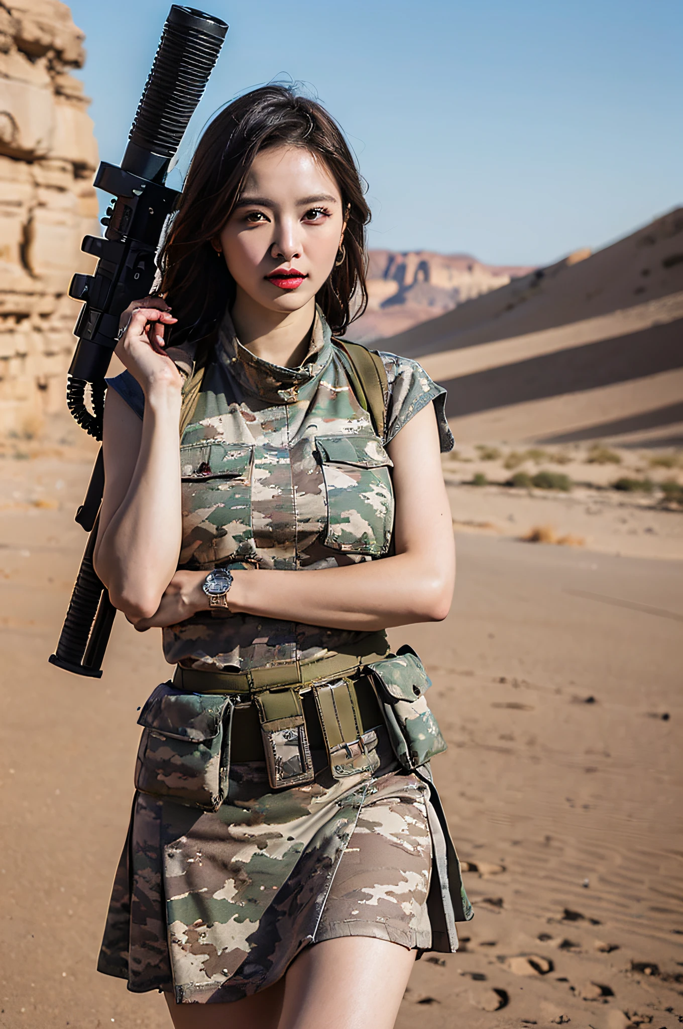 1girl, superb, elegant colors, (realistic, high detail, masterpiece, ultra-detailed, dynamic angle, amazing, cinematic lighting, illustration, chiaroscuro, backlight, god light, holland, best quality, best quality, wearing tight desert camouflage vest, wearing desert camouflage short skirt, posing good-looking, belting, wearing military watch, armored car with desert camouflage outdoors in background, digital painting, highly detailed, super high quality, professional photography, 8k, ultra hd, desert background, real skin texture , normal intact fingers, correct facial features, clear focus, eye-catching lighting, blue sky