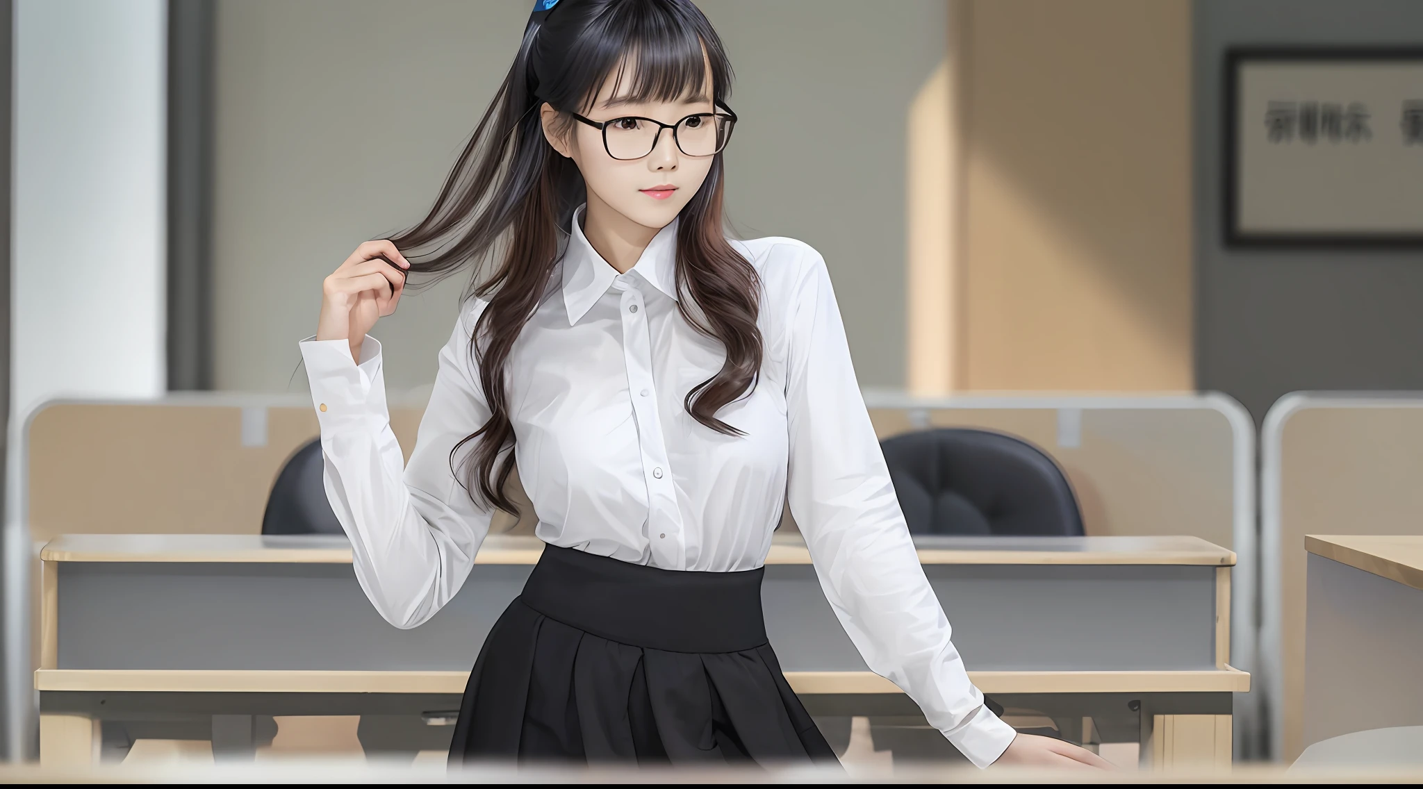 Beautiful young Chinese beauty，Wearing white rimless glasses。Wearing black one-piece stockings，Black tight skirt，white long sleeve shirt。in a office，Hold the table with one hand，Look ahead。Expose