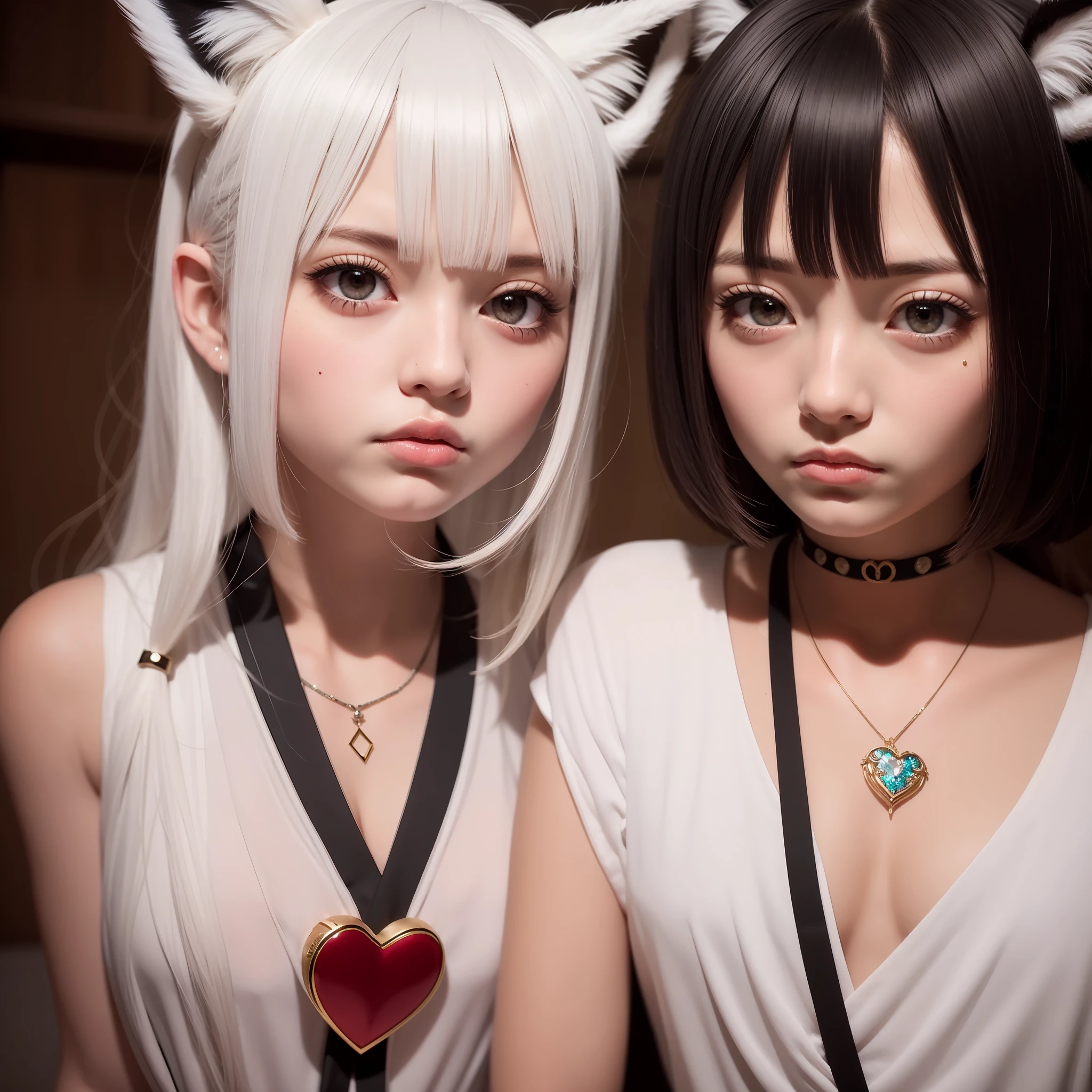 black hair, white hair, eyepatch, jeweled branch of hourai, mole under eye, heart-shaped pupils, fox ears, scowl, Surrealism, anime, 8k, super detail --auto