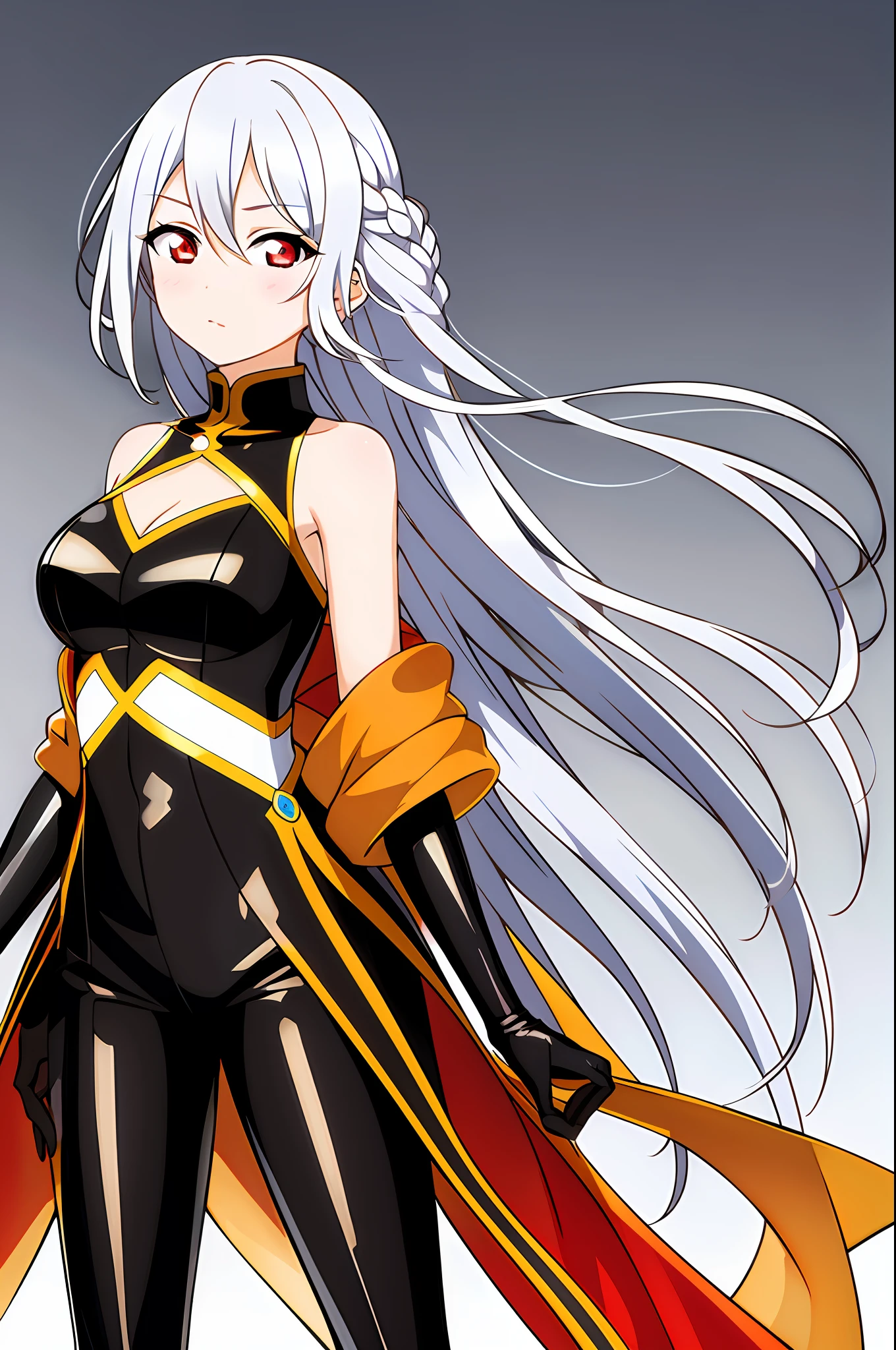 1girl, bangs, black bodysuit, bodysuit, braid, breasts, closed mouth, eyebrows visible through hair, gradient, gradient background, grey background, hair between eyes, large breasts, latex,white hair, long hair, looking at viewer, red eyes, shiny, shiny clothes, solo, very long hair