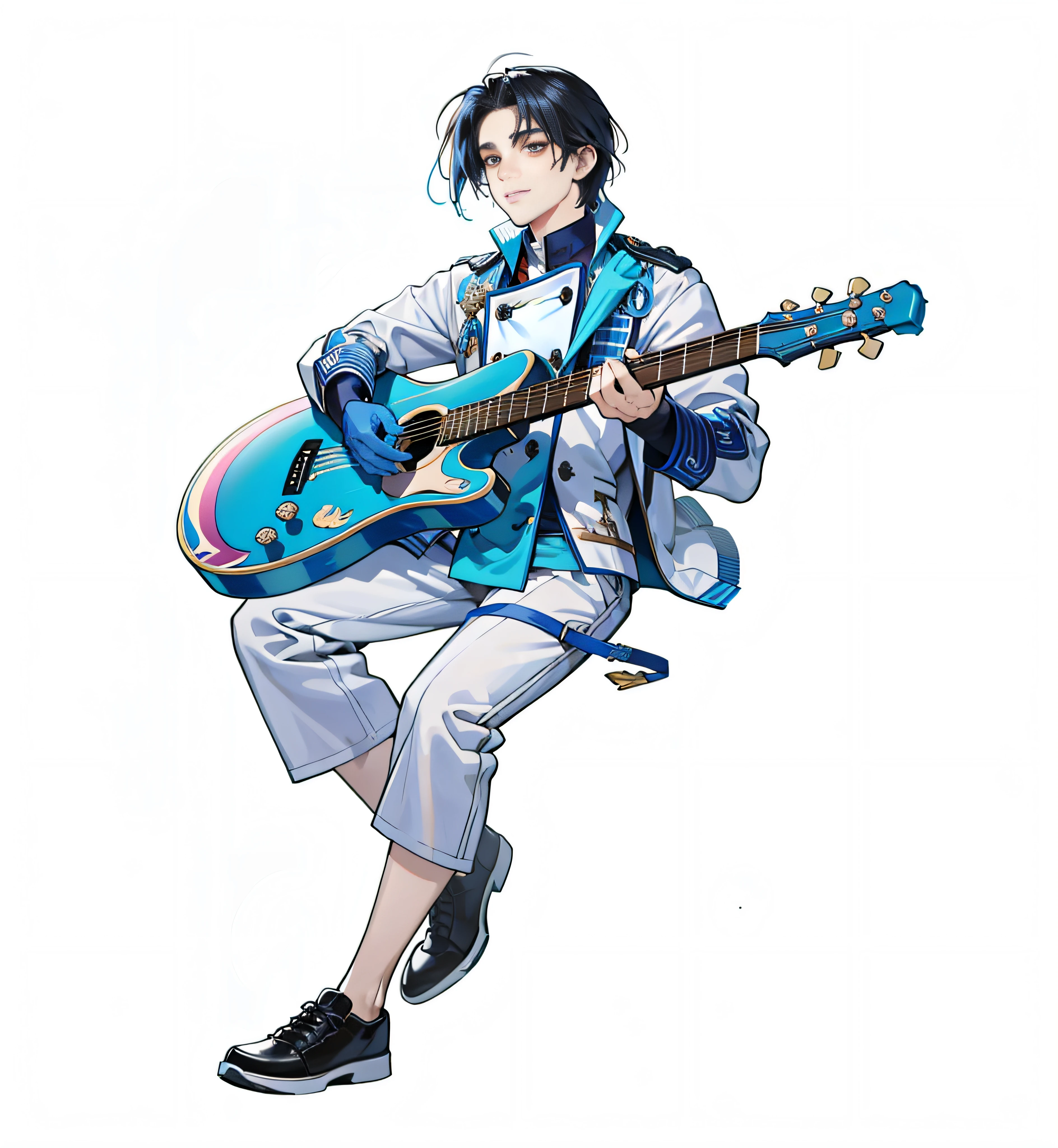 tmasterpiece,Need,realisticlying,1man,Mature male,handsome,ssmile,Keep one's mouth shut,portrait,extremelydetailedface,(short detailed hair),(blue colors),guitar,the original god,Excess detail,best qualtiy。8K