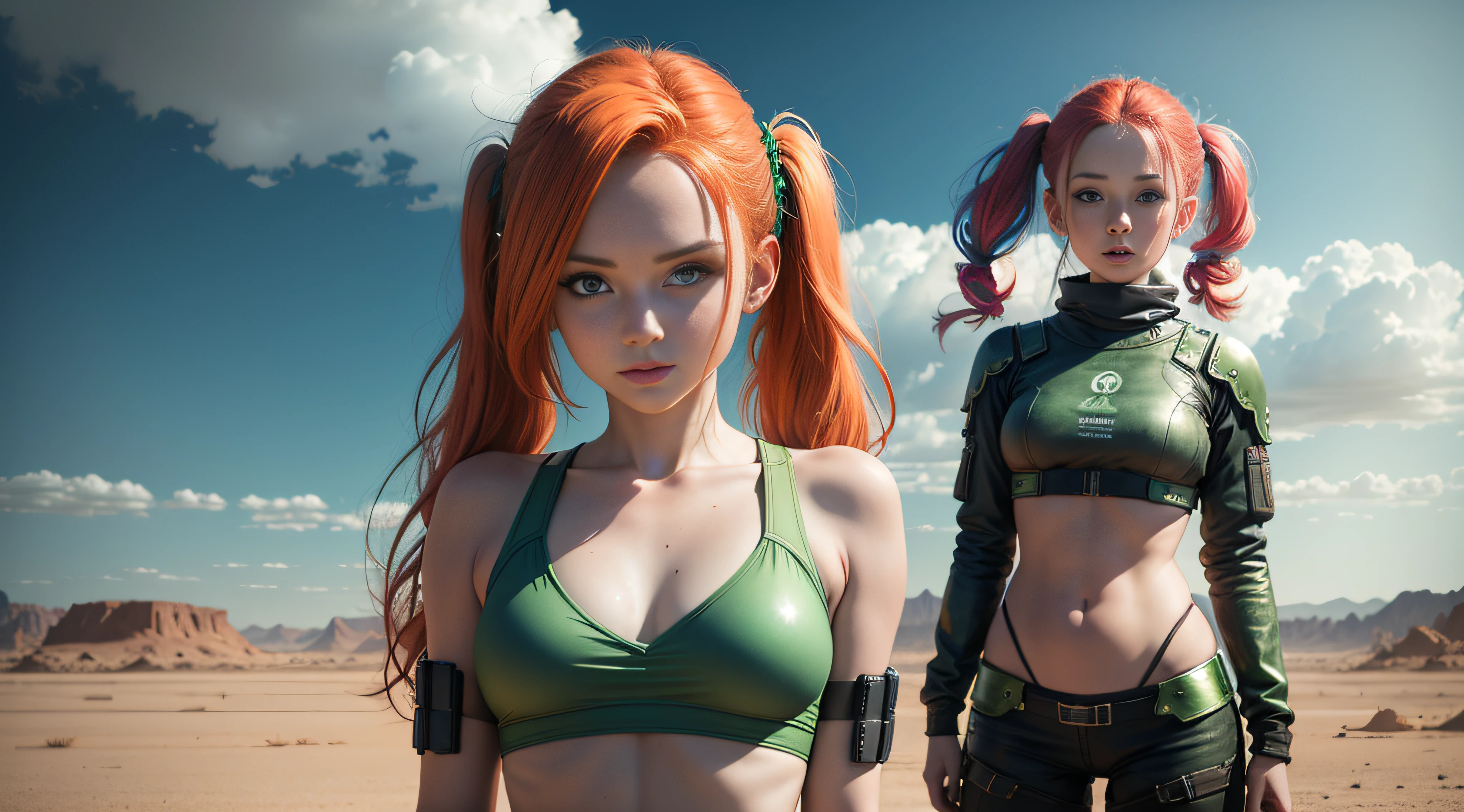 cute redhead woman in twin tails, multiple rainbow colored hair, sky-blue eyes, happy, Ukrainian, ite, pale skin, wearing a green metallic color bikini, post apocalyptic background, bleak barren desert, photo realistic woman. --auto