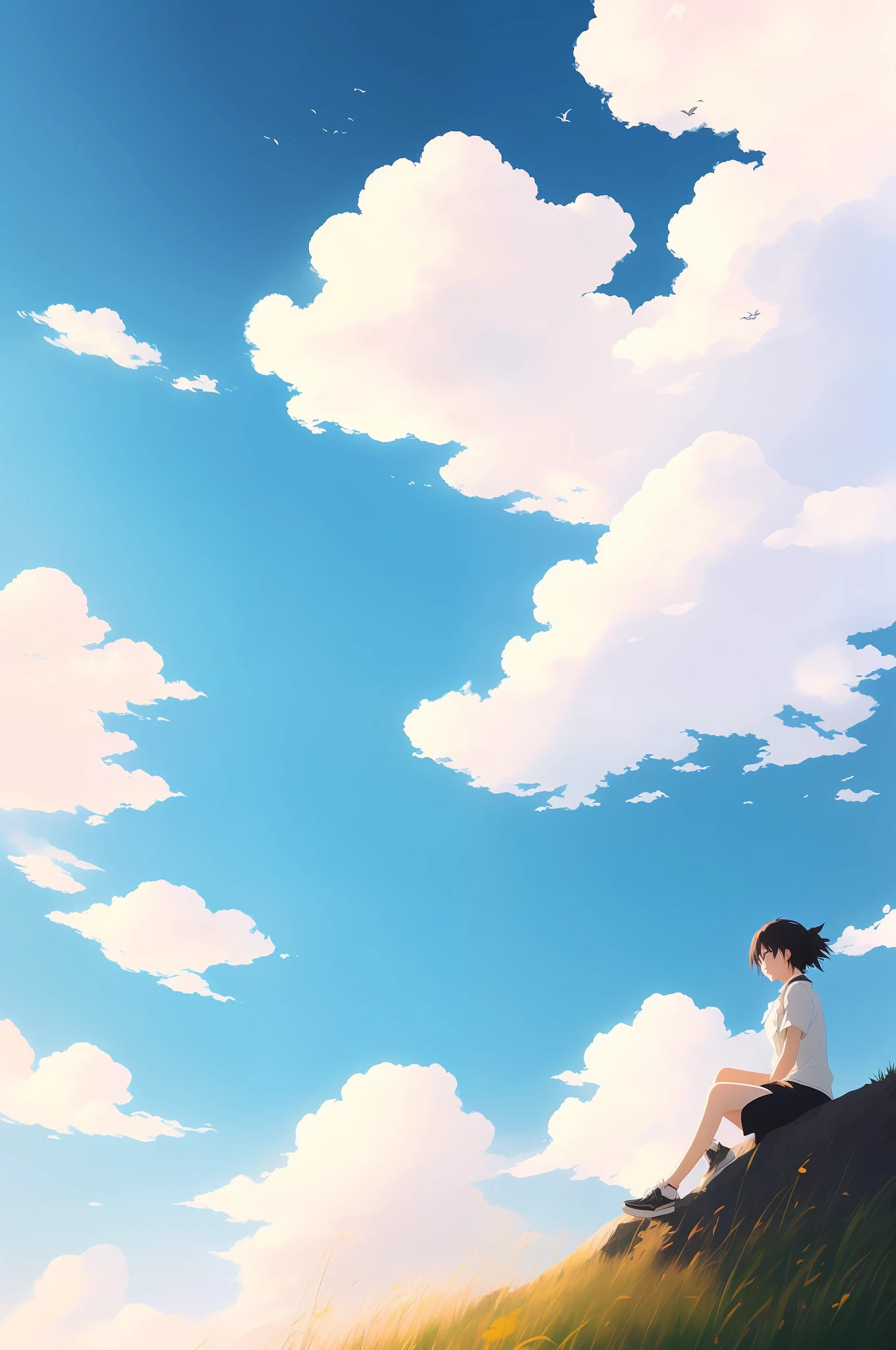 Dreamy,Clouds,A large number of clouds of different colors,Makoto Shinkai painting style,Miyazaki painting style,Delicate and beautiful maiden,rich details,The beautiful,Happy,Casual,Relaxing,Happy,nice,Witty
