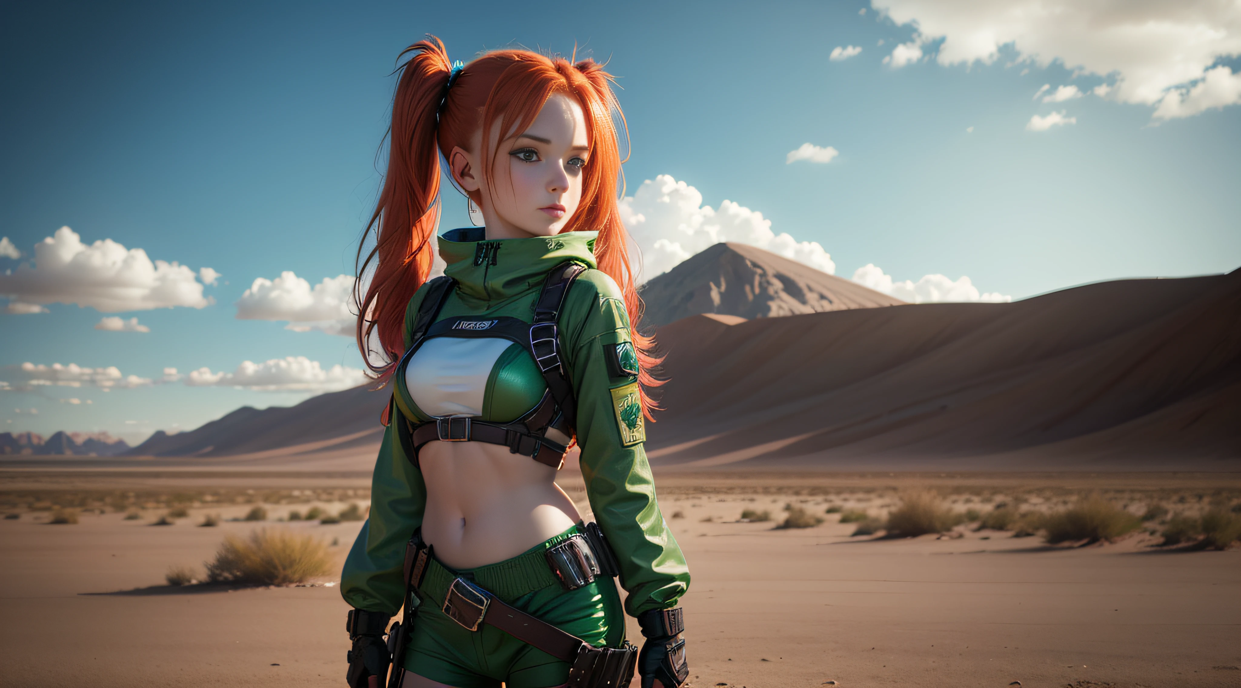 cute redhead woman in twin tails, multiple rainbow colored hair, sky-blue eyes, happy, Ukrainian, petite, pale skin, wearing a green metallic color bikini, post apocalyptic background, bleak barren desert, photo realistic woman. --auto