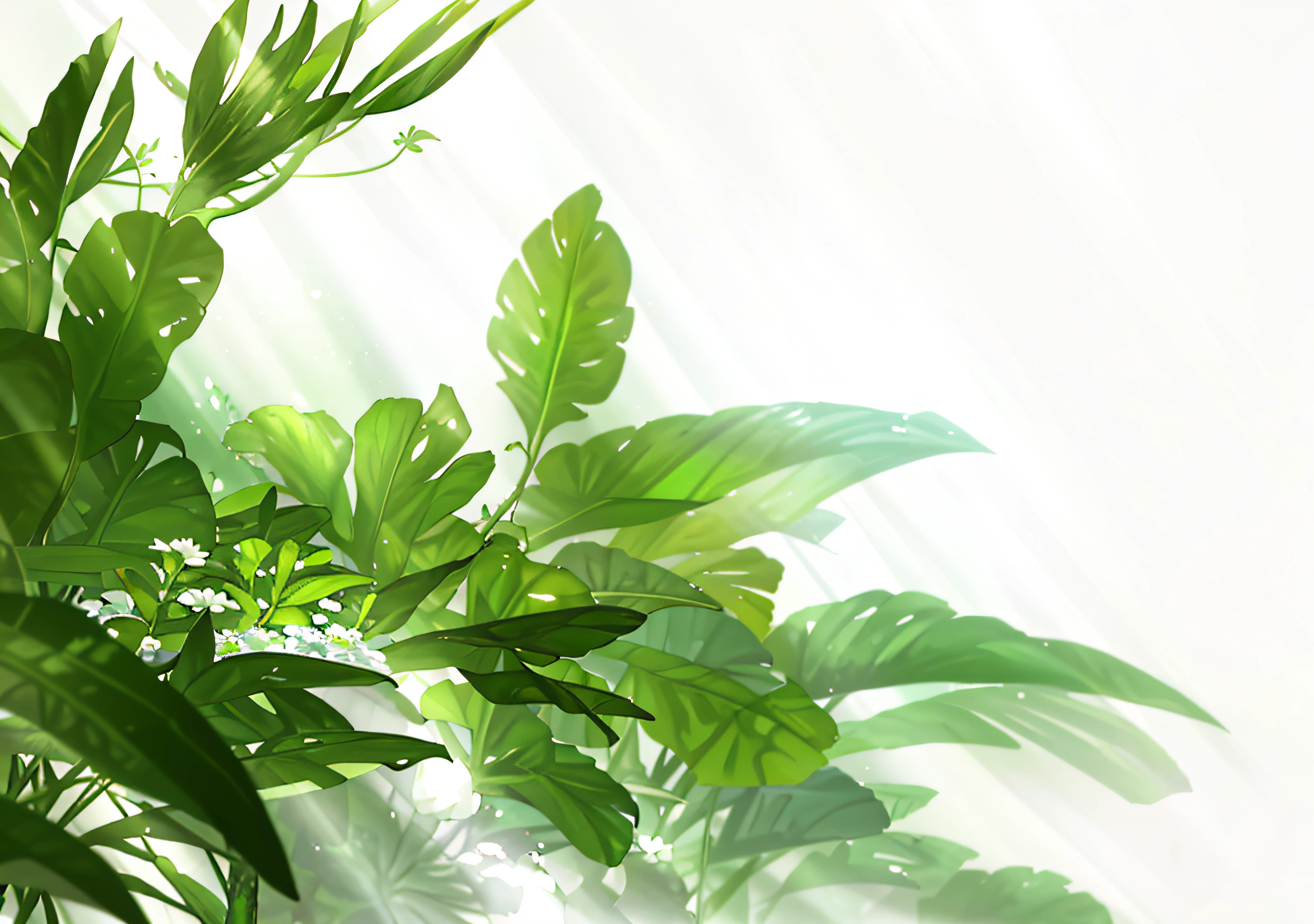 There is a green plant,There is a small white flower on it, botanic foliage, botanical photo, plant photography, green plant, green leaf, extreme bokeh foliage, translucent leaves, digital painted, tropical foliage, obscured underexposed view, lush plant growth, diffused backlight, Zoom-out shot, Lush foliage, stylized vegetation, Glowing plants