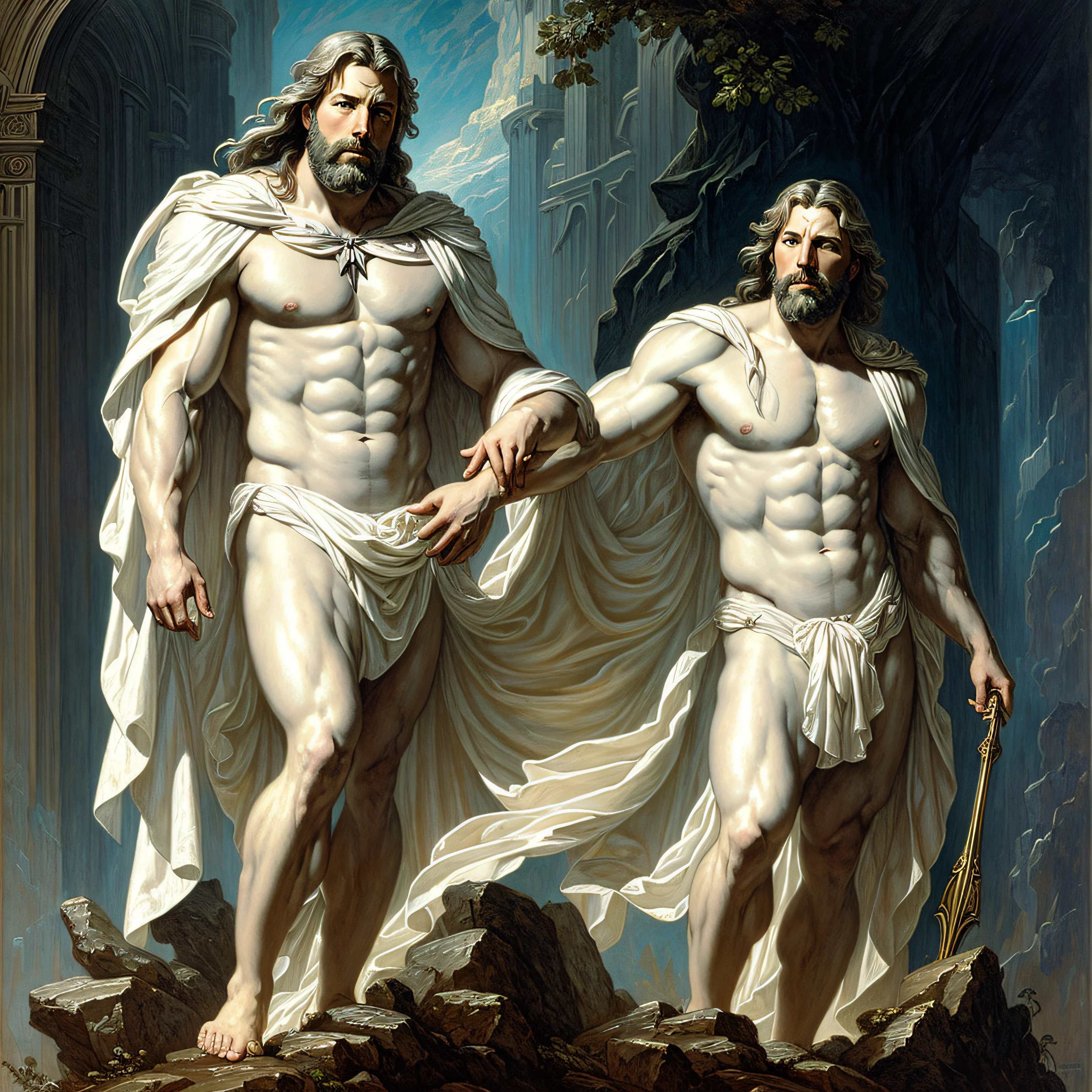 Ben Affleck, as painted portrait of Zeus, god of thunder, Greek god, on Mount Olympus, white hair, full body, mature, handsome, fantasy, intricate, elegant, highly detailed, digital painting, art station, concept art, soft, sharp focus, illustration, art by Gaston Bussiere and Alphonse Mucha --auto