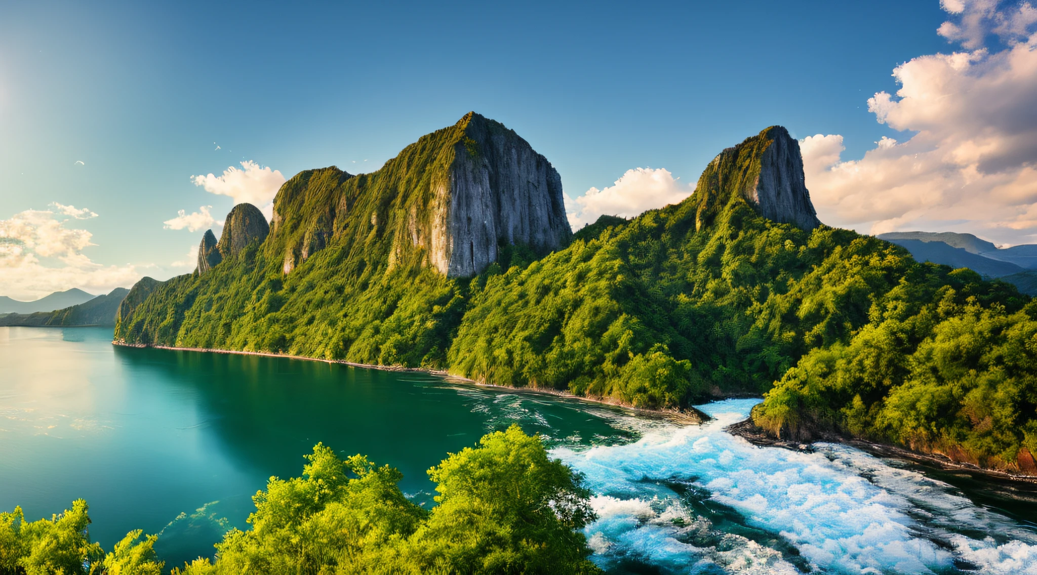 Masterpiece, ultimate quality, Cg unity 8k wallpaper, super delicate, beautiful sky and clouds, rich natural scenery, cliffs, lakes and rivers, waterfalls and flying water, beautiful green mountains, no trace of people, excellent scenery, has already won a photo contest, background Blurring, full depth of field, HDR high dynamics, true restoration, intricate, extreme details, dramatic presentation, perfectly presenting the style of midjourney art.