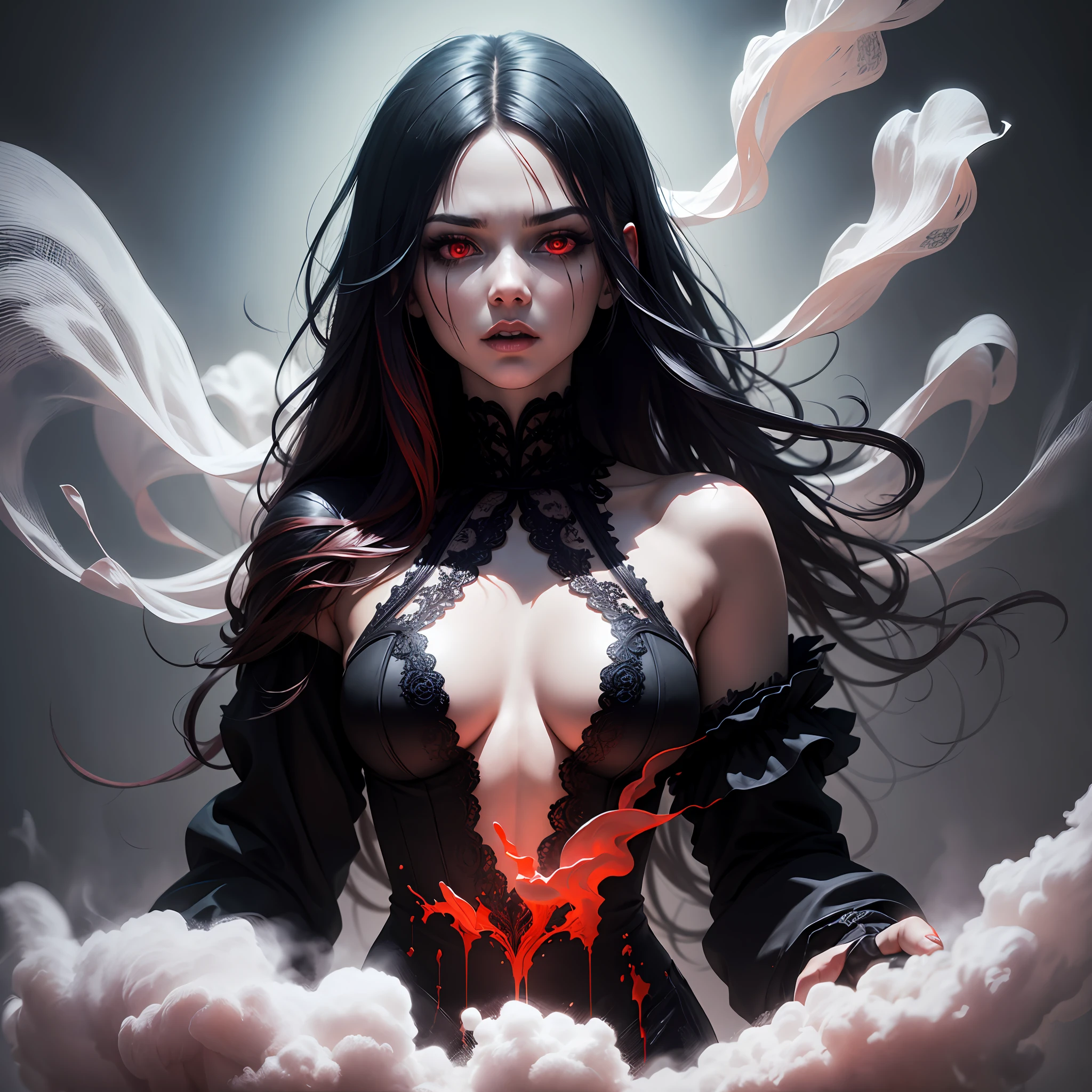 "best quality, highly detailed, dark and edgy, blood-red color palette, gothic vibes, dynamic pose, dynamic angle, one female character, long hair, red eyes, black clothing, mystical atmosphere, ethereal floating, eerie shadows, high saturation, smoke and mist, horror theme"