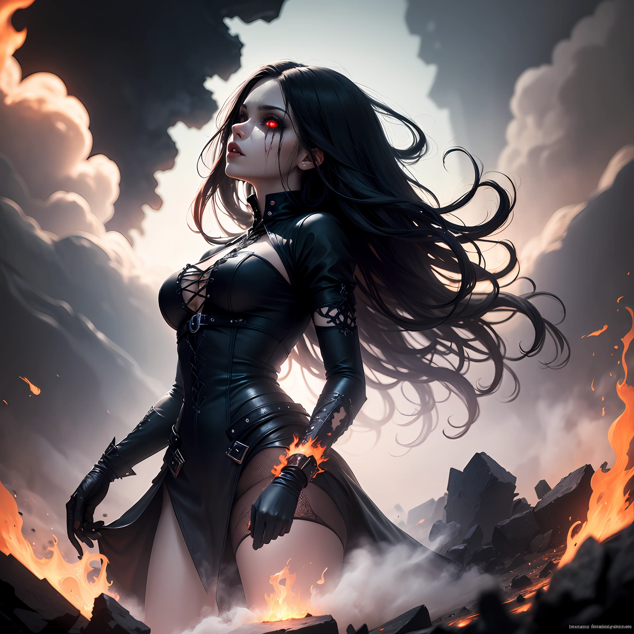 "best quality, highly detailed, dark and edgy, blood-red color palette, gothic vibes, dynamic pose, dynamic angle, one female character, long hair, red eyes, black clothing, mystical atmosphere, ethereal floating, eerie shadows, high saturation, smoke and mist, horror theme"