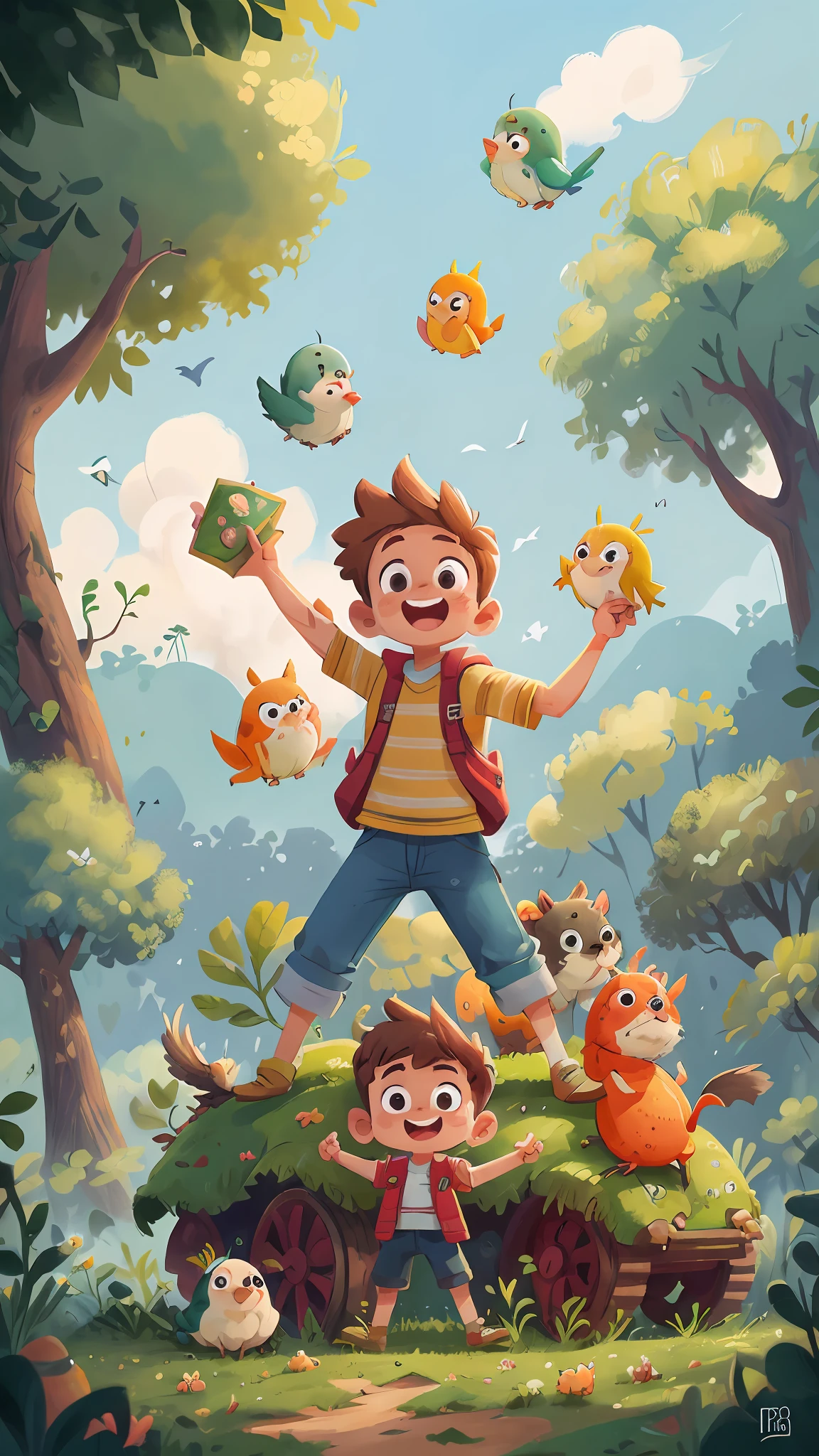 Floresta aberta, (obra-prima desenho de arte, 1 boy aventureiro, happy excitement, destemido olhando para um cavalo encantado alegre ( detailed enhanced animation), chapeu, roupa aventura. Animal( obra-prima detalhado), floresta, birds (realista), luz solar, nuvens, campo aberto. +4 imagens (detailed various poses) bichos (animais)