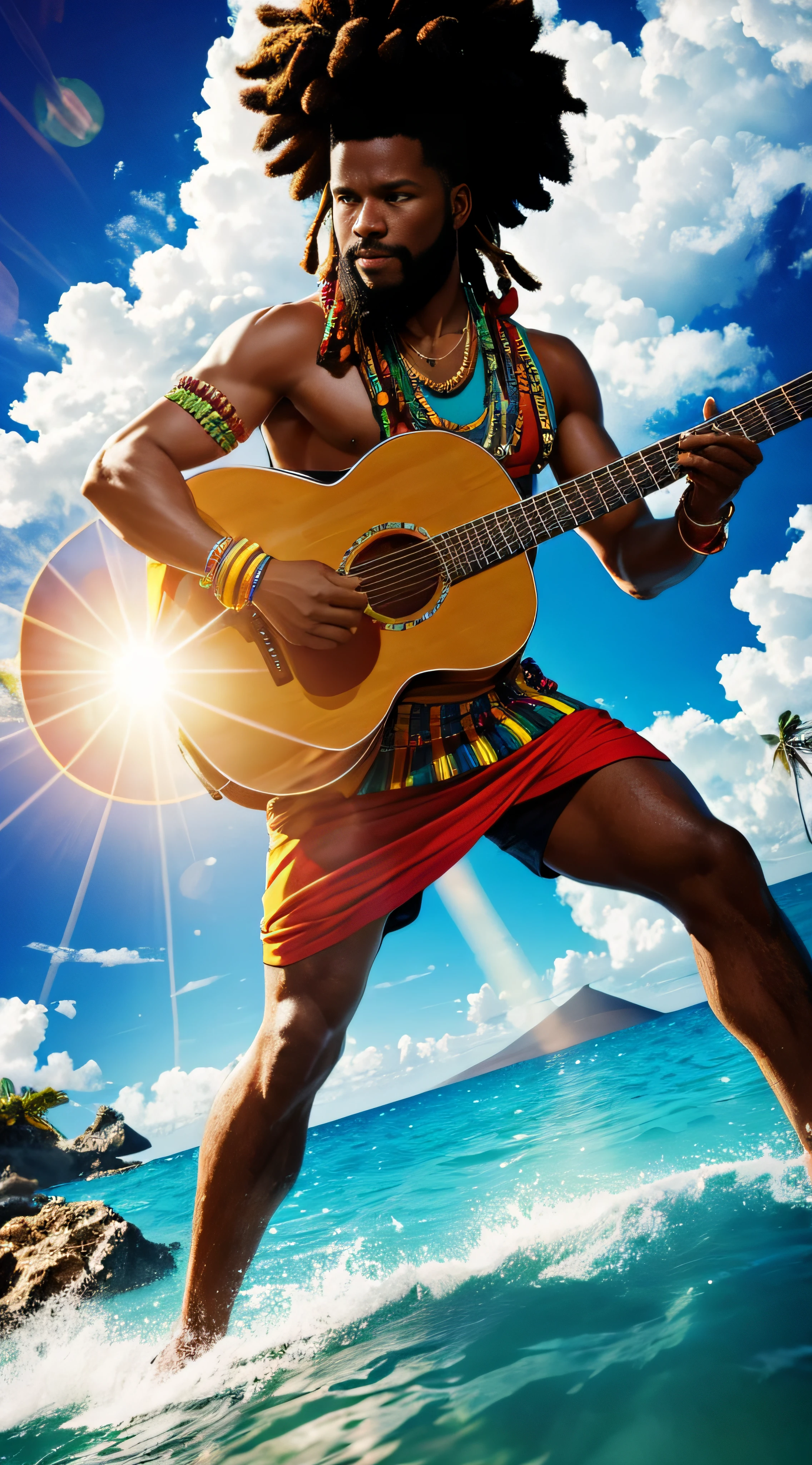 Epic movie poster, erupting volcano, award winning (corps entier:1.3) portrait photo of a (Rasta man with dreadloks type afro jaimaican na:1.2), (guitare), (full body ire:1.2) en jamaique (ocean:1.1), il chante entoure de jolies filles de toutes les couleurs, some with afro hairstyles desert island background, palmiers, plage tropical,  highly detailed, finedetail, complexes, (lens flare:0.9), (backlight:0.9), (bloom:0.9), [Style-Micro::1