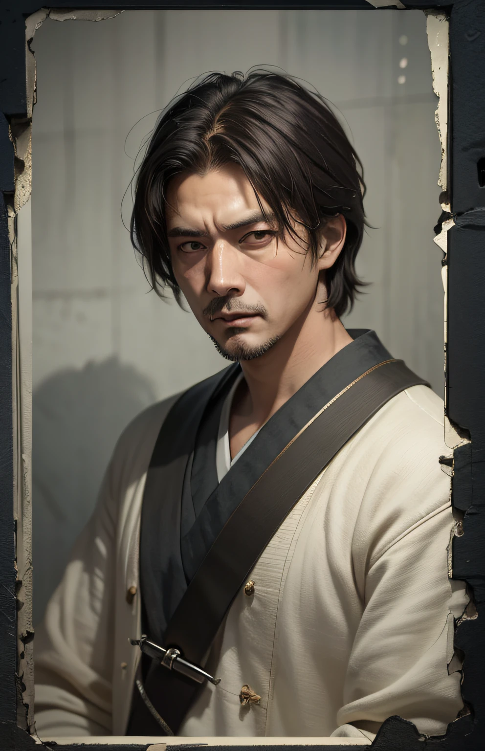(Brilliant),Highest image quality,Show the depth of the precipitated scene,He is a middle-aged male swordsman who has experienced ups and downs,Dressed in shabby classical Chinese civilian attire,In a dim and dilapidated prison,It speaks of loneliness,There is ambition in the eyes。
