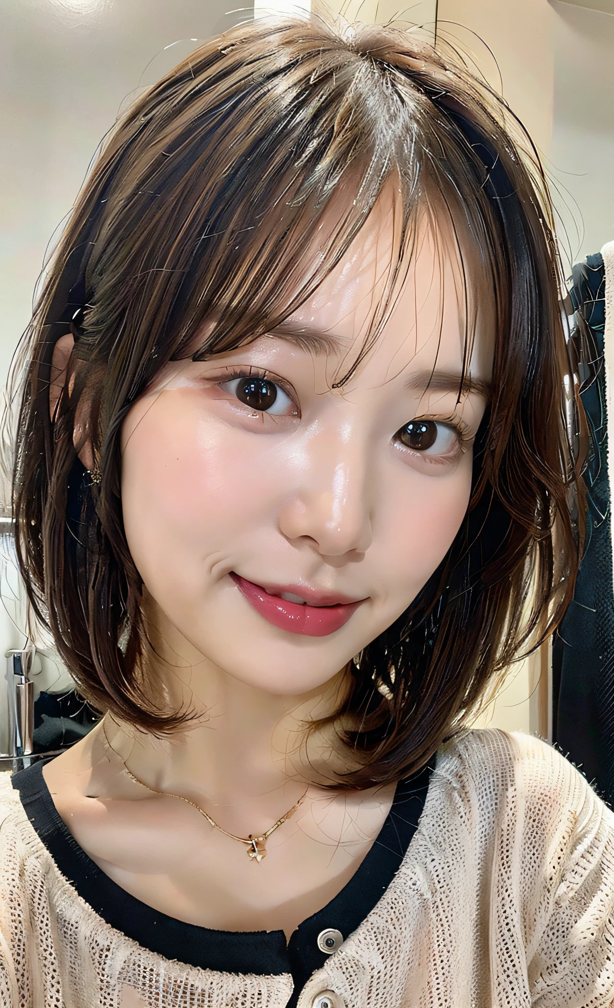 8K,超A high resolution ,(photographrealistic: 1.1) ,Detailed face ,1人の女性 ,Avant-garde ,bob cuts ,(tits out:1.1) ,a  ,a closeup ,A slight smil,Cloth one ,