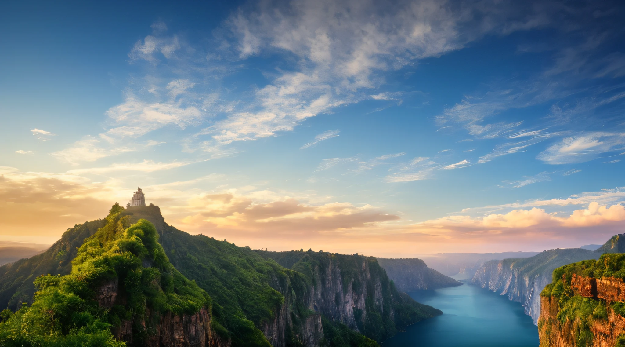 Masterpiece, ultimate quality, Cg unity 8k wallpaper, super delicate, beautiful sky and clouds, rich natural scenery, cliffs, lakes and rivers, waterfalls and flying water, beautiful green mountains, no trace of people, excellent scenery, has already won a photo contest, background Blurring, full depth of field, HDR high dynamics, true restoration, intricate, extreme details, dramatic presentation, perfectly presenting the style of midjourney art.