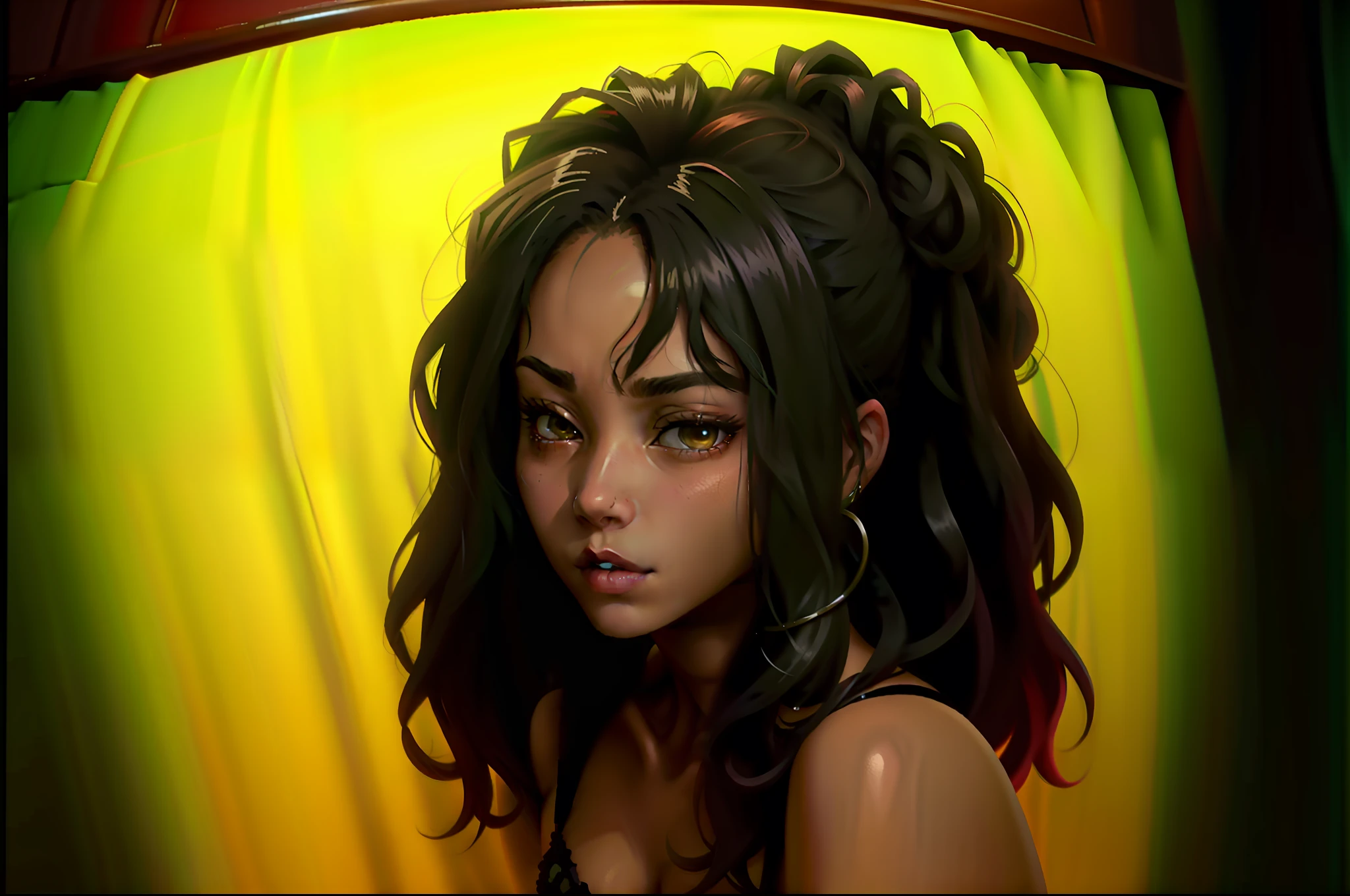 There is a woman with a purple dress and a pair of earrings, Maria Borges, com cabelos escuros amarrados em um coque, com maquiagem profissional, mulher com cabelo castanho solto, em estilo de nadine ijewere, Retrato de Willow Smith, mulher jovem negra, cabelo preto soltoz, Retrato Willow Smith, com cabelo e pele texturizados, messy hairstyle high bun, deitada na cama de pernas abertas, lingerie