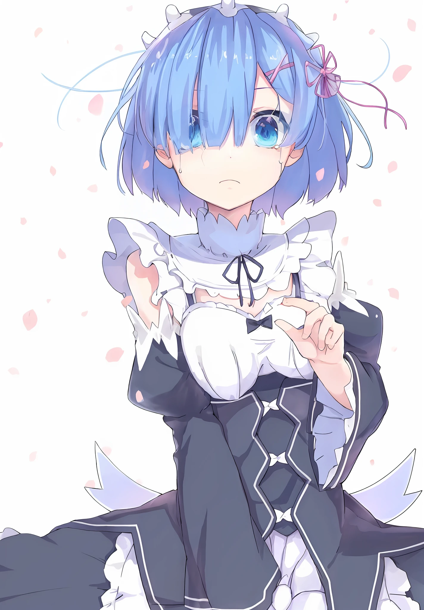 anime girl with blue hair and blue eyes sitting on the ground, Rem Rezero, loli in dress, small curvaceous loli, anime moe art style, small loli girl, cute anime waifu in a nice dress, cirno touhou, Splash art anime Loli, an anime portrait of cirno, the anime girl is crouching, Loli，weeping，A sad expression