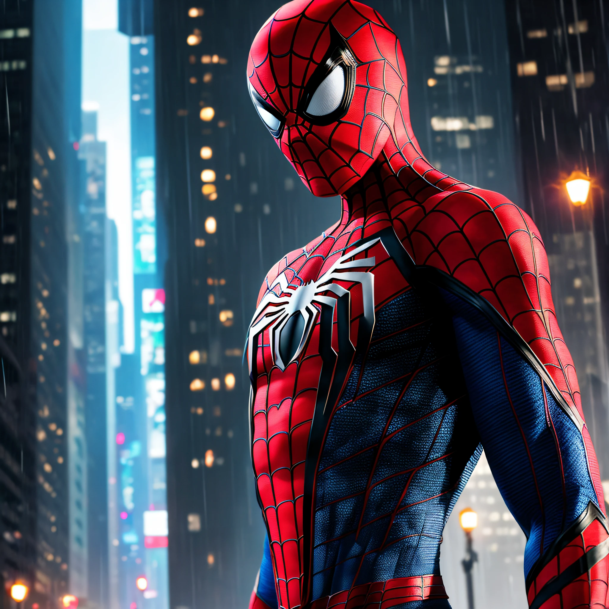 Spider-Man upper body,Close-up,hyper realisitc,The background and foreground are unreal,Movie wide format,Cinematic texture,nighttime scene,It rained heavily,Tom Holland's face,No hands exposed,The light is dim --auto