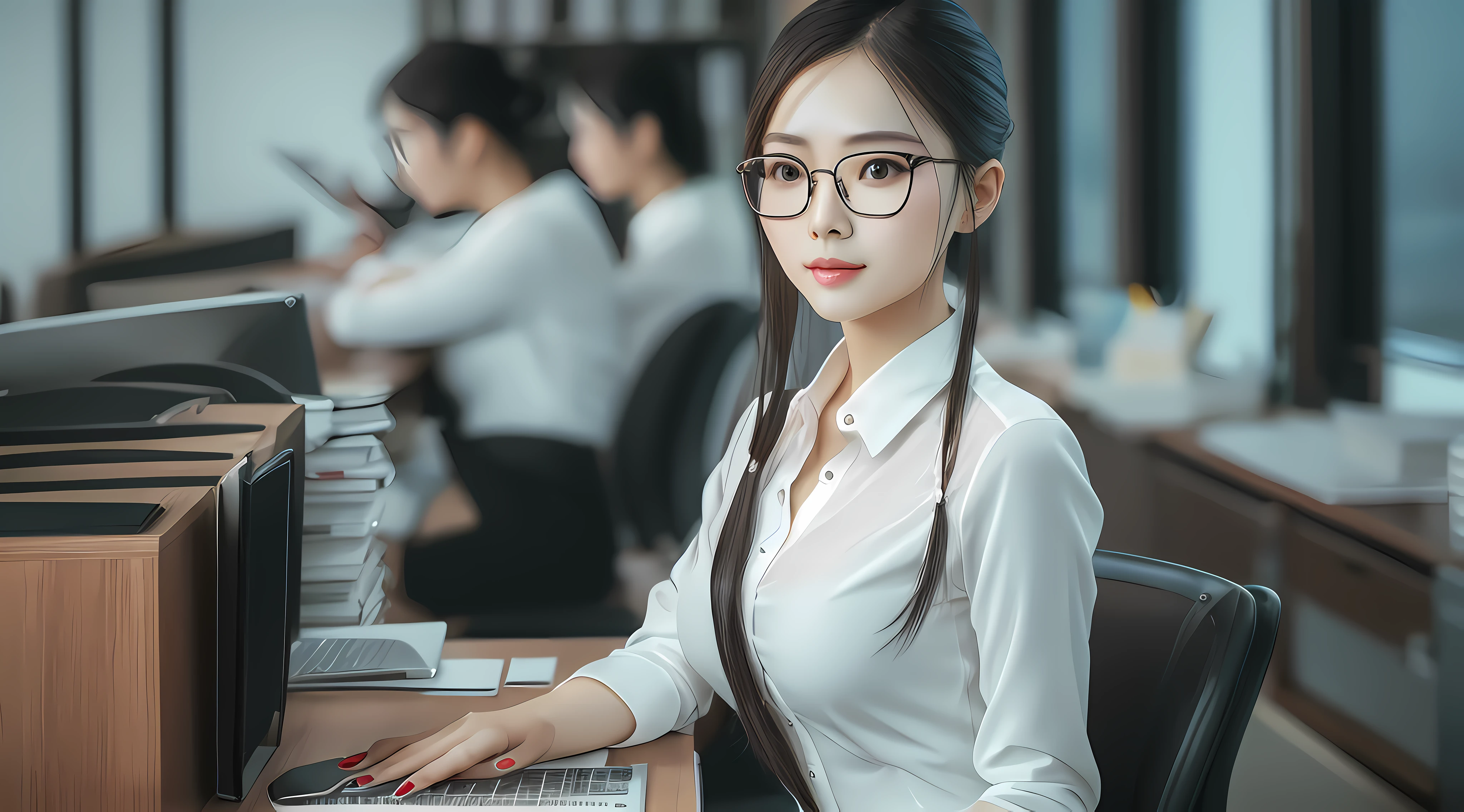 Beautiful Chinese beauty,Wears rimless white glasses,Holding a desk with one hand in the office,Look forward。Wears a white long-sleeved shirt,revealing breasts,A short black tight skirt and black one-piece stockings outline the curves of the figure。The skirt is tight and close-fitting,The black dedication dress adds points to her beauty,