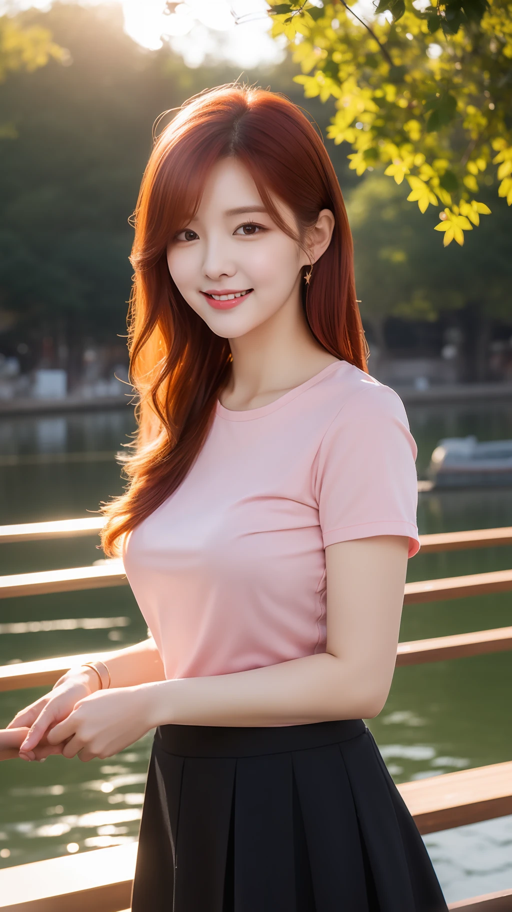 realistic photos of (1 cute Korean star) medium red hair, thin makeup, medium breasts size, slightly smile, wearing pink short sleeves shirt, abd black skirt, standing at riverside restaurant, blurry foreground, close-up, god rays, glowing light, UHD, masterpiece, 16k