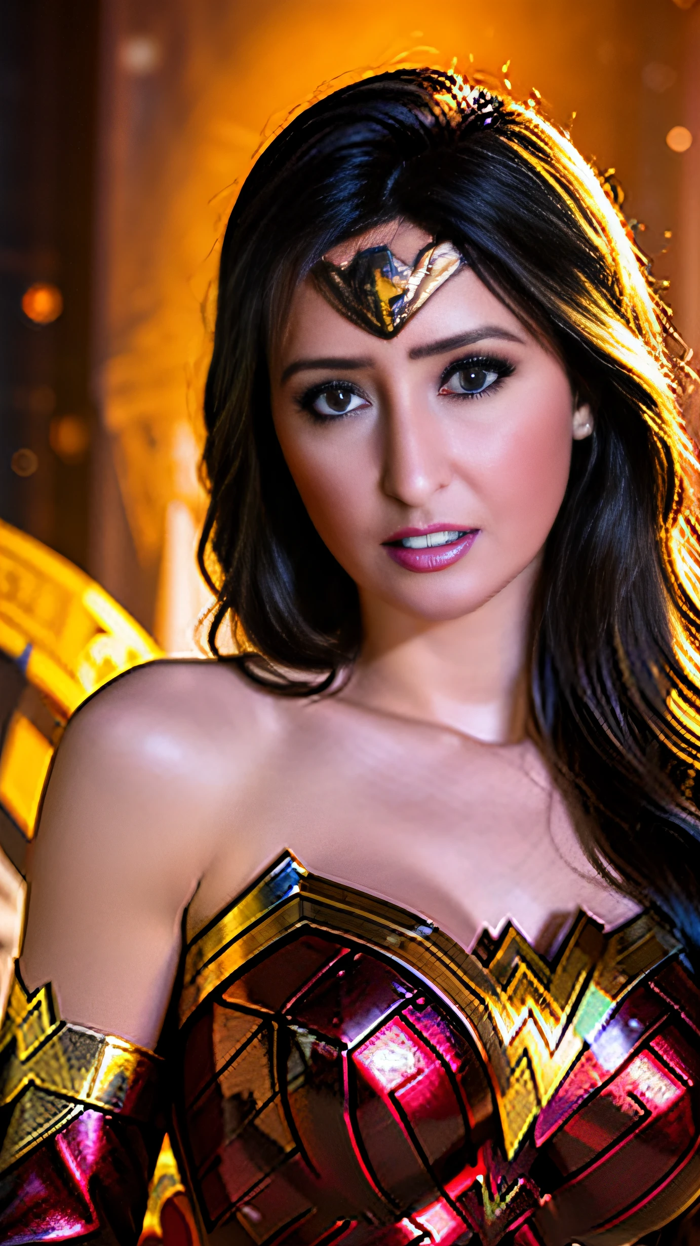 (hyper realistic:1.4), photo portrait of the wonder woman, colorful, realistic round eyes, dreamy magical atmosphere, superheroine costume, (large breasts:1.3),