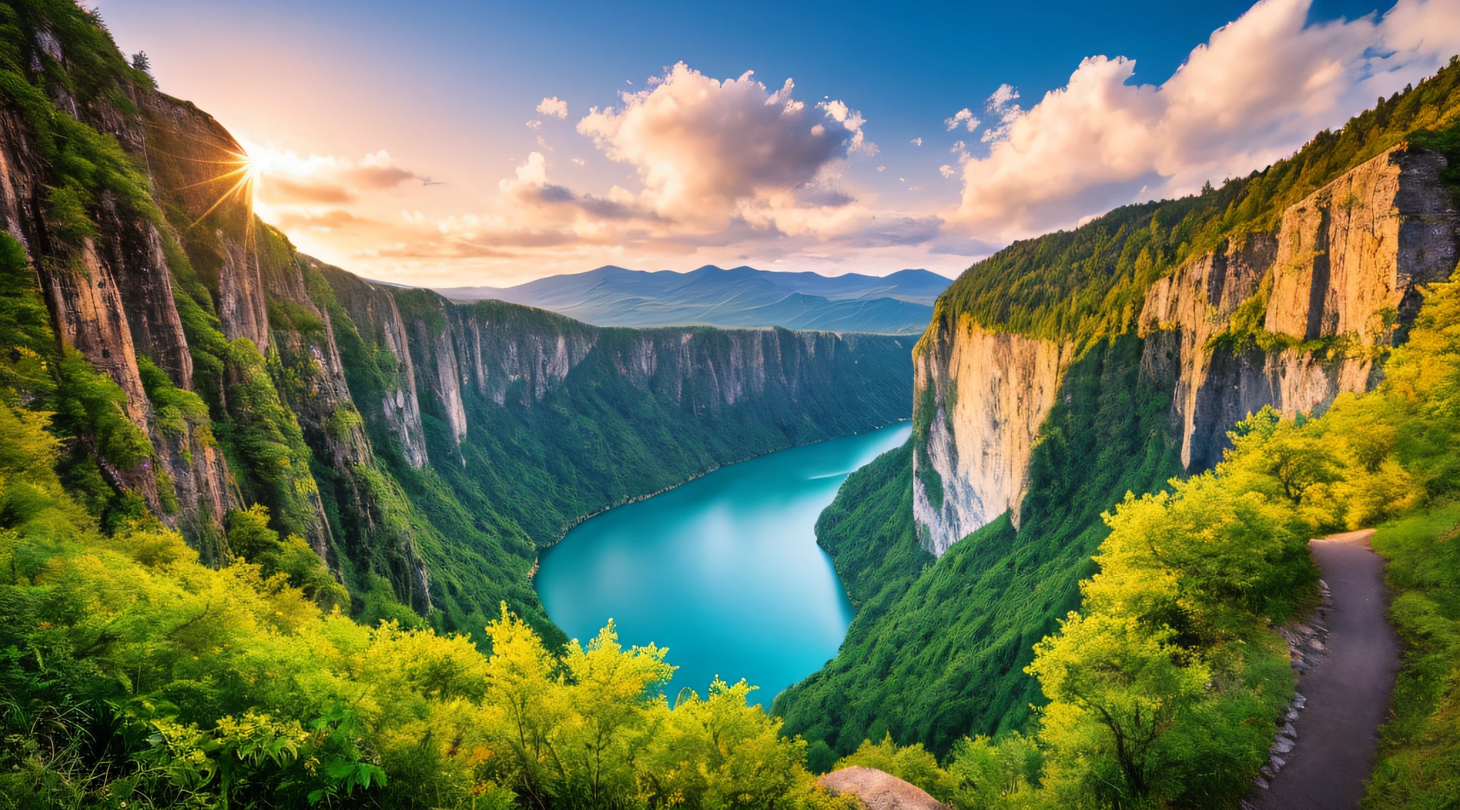 Masterpiece, ultimate quality, Cg unity 8k wallpaper, super delicate, beautiful sky and clouds, rich natural scenery, cliffs, lakes and rivers, waterfalls and flying water, beautiful green mountains, no trace of people, excellent scenery, has already won a photo contest, background Blurring, full depth of field, HDR high dynamics, true restoration, intricate, extreme details, dramatic presentation, perfectly presenting the style of midjourney art.