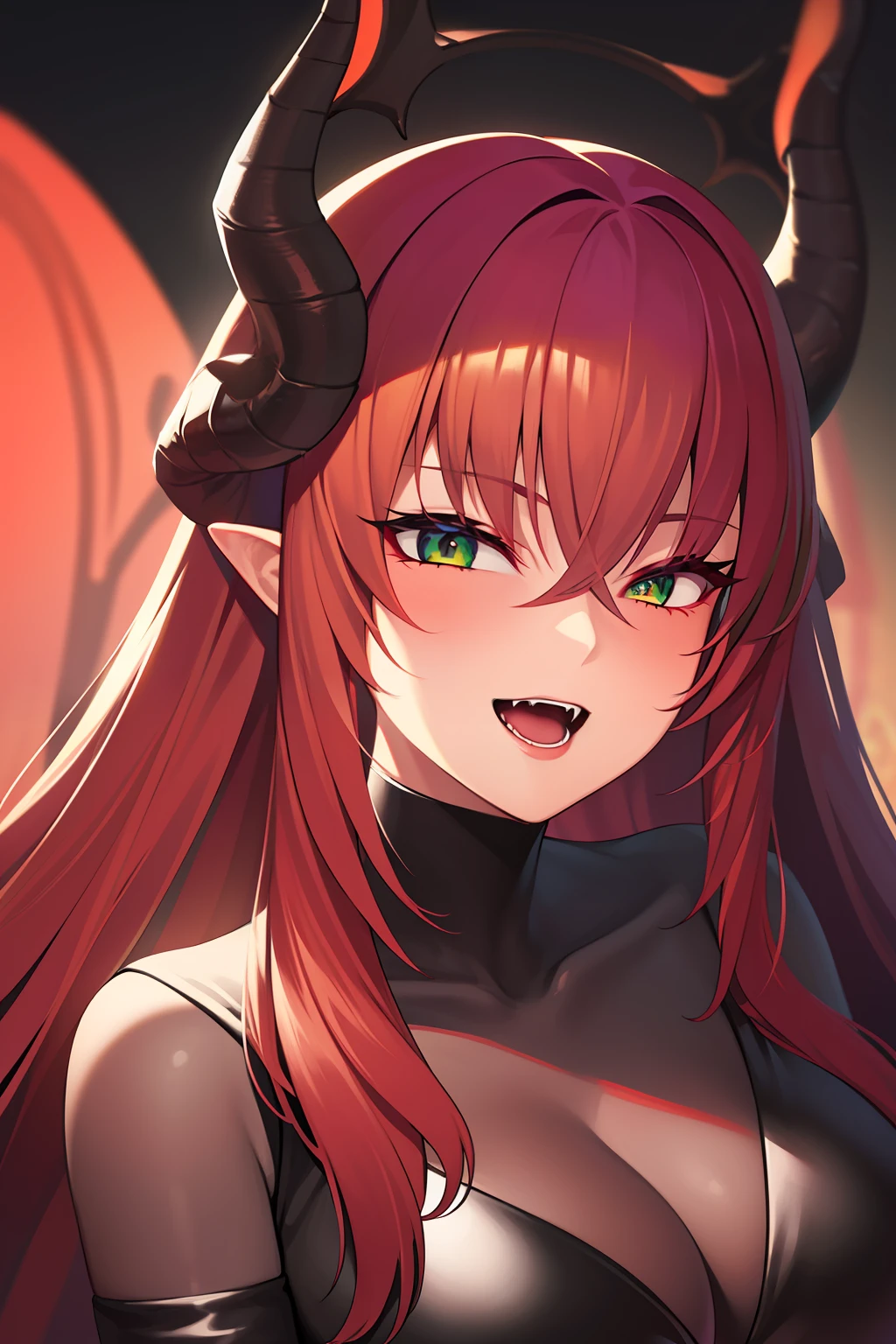 ((extreme detail)),(ultra-detailed),(painting), chiaroscuro, extremely detailed CG unity 8k wallpaper, best quality, green eyes, red hair, red bodysuit, red halo, horns, devil, succubus, evil smile, open mouth, red bat wings, red devil tail, fangs,