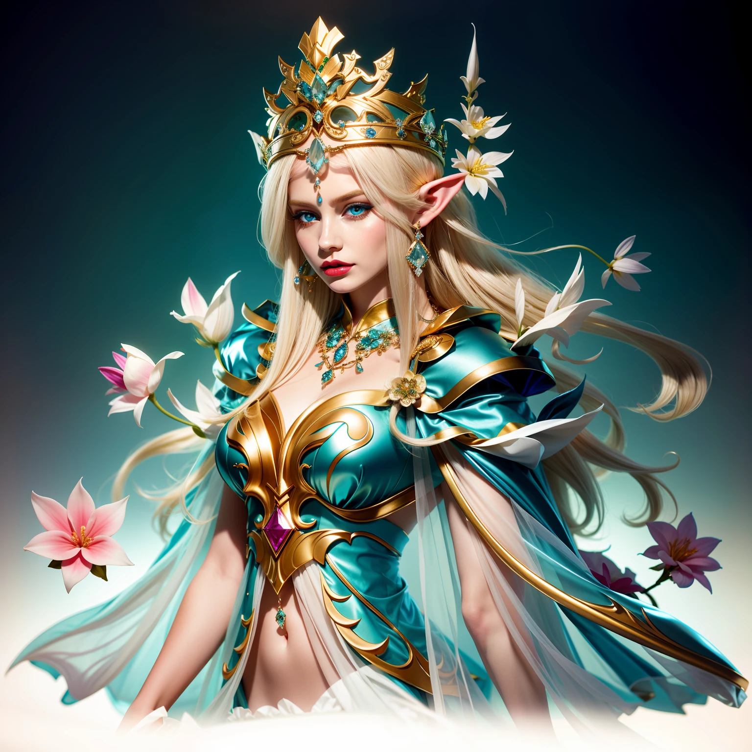 Beautiful Elf Queen,Graceful and luxurious jewelry,Accessories,Perfect skin,Premium lip color,Aquamarine-like transparent pupils,Colorful flowers float around,Her long pale blonde hair is elegant,Surreal art style,It gives the feeling of boiling blood,The perfect sprite portrait,awardwinning,Crazy details,