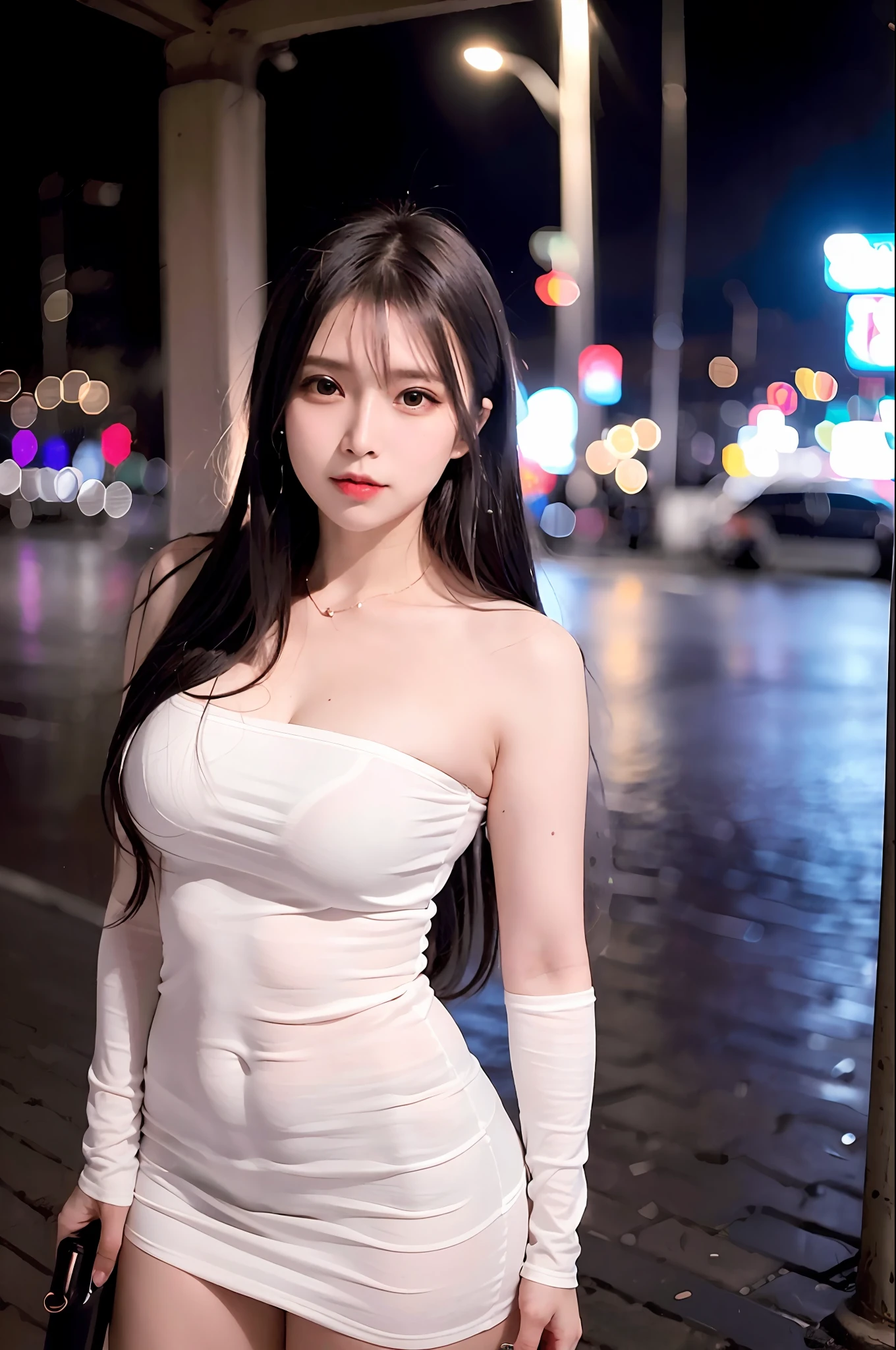 (8k, RAW photo, best quality, master:1.4), ultra high res, (realistic, photo-realistic:1.48),omertosa,1girl,(Kpop idol), (aegyo sal:1), cute, (super bokeh night city center:1.25), bokeh, night, traffic lights, road signs, rain, after rain, wet, professional lighting, detail lighting, photon mapping, radiosity, physically based rendering, white pantyhose bloom, backlighting, depth of field , natural light, hard focus, film grain, one meter shooting distance, professional shot, shot with sony a9 II mirrorless camera, detailed eyes, realistic eyes, detailed shadows, looking at viewer, dog ears, detailed lighting, dress , black dress, long legs, black stockings, (detailed hair, realistic hair, realistic lighting, realistic shadows, realistic clothing), realistic skin, (gun on waist: 1), from above Realistic light reflection, ((back arm)), (back hands) tube top sexy night wet rain white stockings