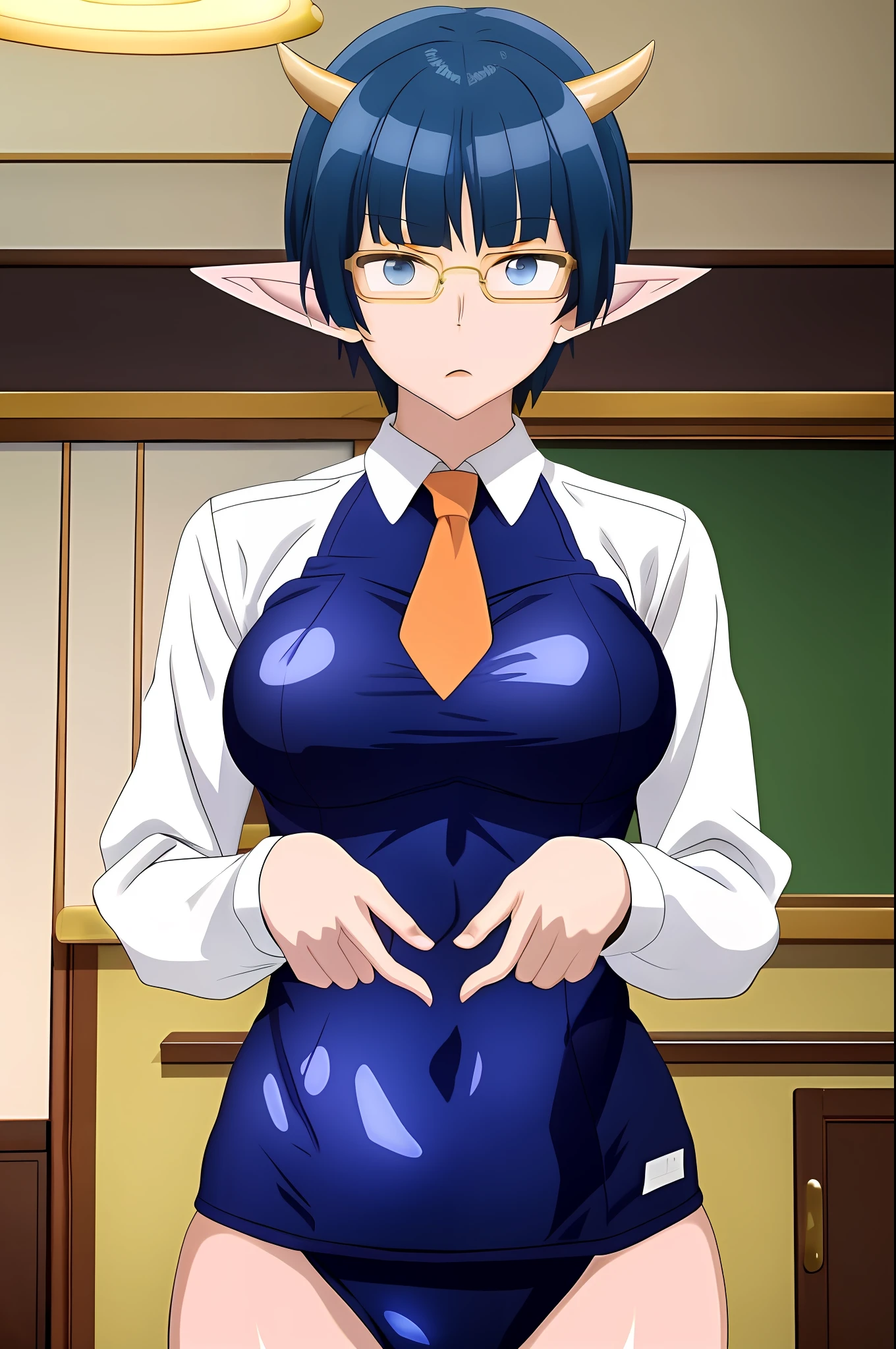 Personaje de anime con cuernos y gafas en un vestido azul, OPPAI, Uniforme escolar de magia, Uniforme de directora, De Cryptid Academia, Anime Moe Artstyle, Estilo anime ecchi, Proporciones OPPAI, succubus in tight short dress, magical school student uniform, escamas azules cubriendo su pecho, seductora chica de anime, Nagatoro, Colegiala realista, Rei Hiroe