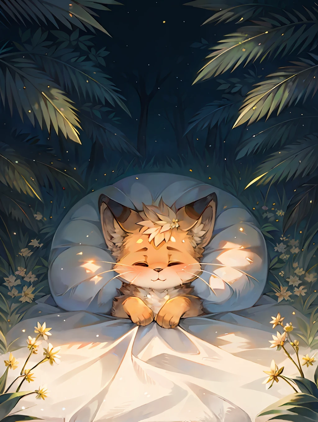 masterpiece, high quality portrait, anthro, furry, (cub), (whiskers), solo cute little fox , in the forest, sleep, beautiful sunlight forest,warm cozy weather,small wild flower