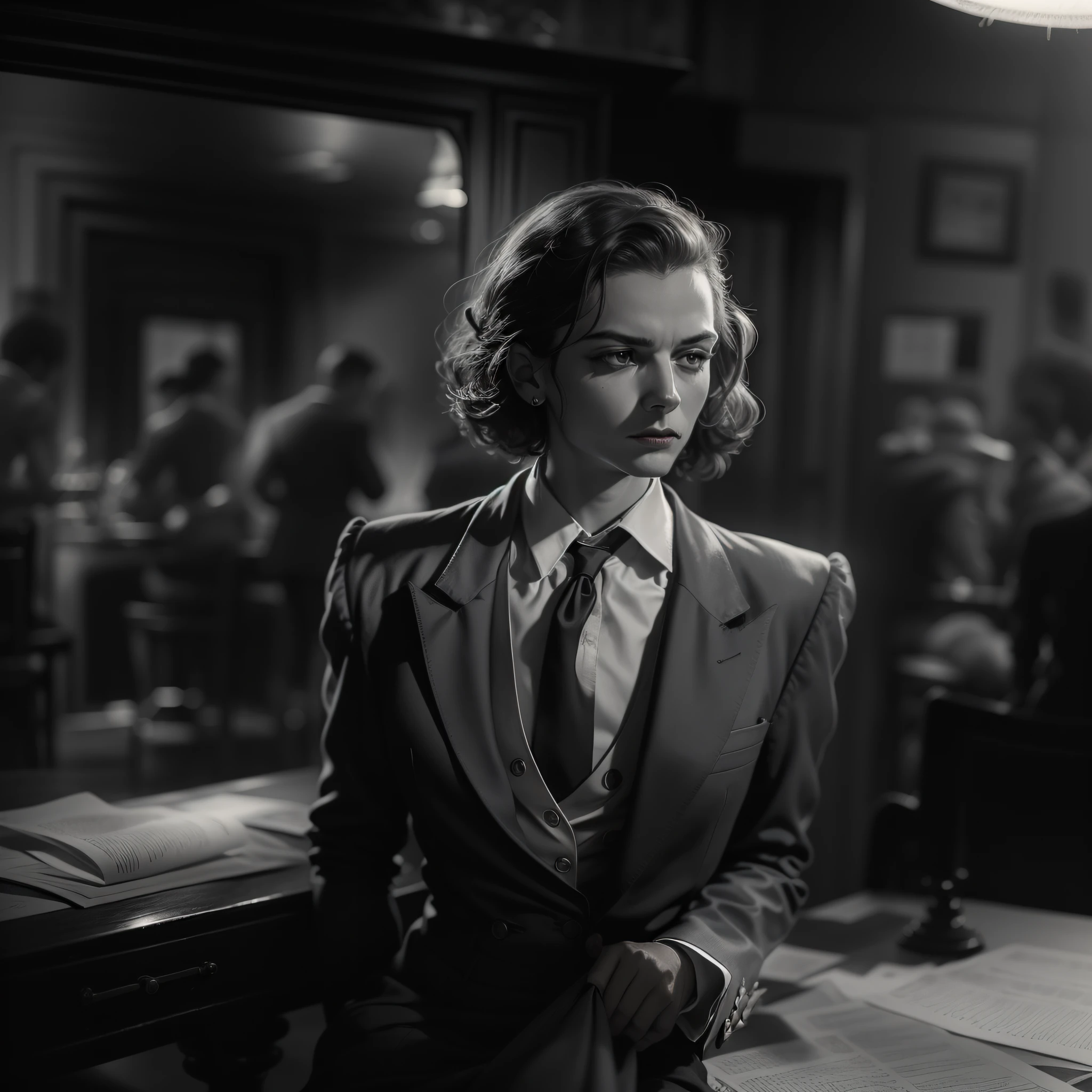Uma imagem de um detetive particular dos anos 1940 vestido com um traje de detetive sensual e cativante, investigando um clube de jazz fumegante. The scene evokes the atmosphere of a classic crime novel, with moody lighting, Jazz music and a hint of danger in the air.