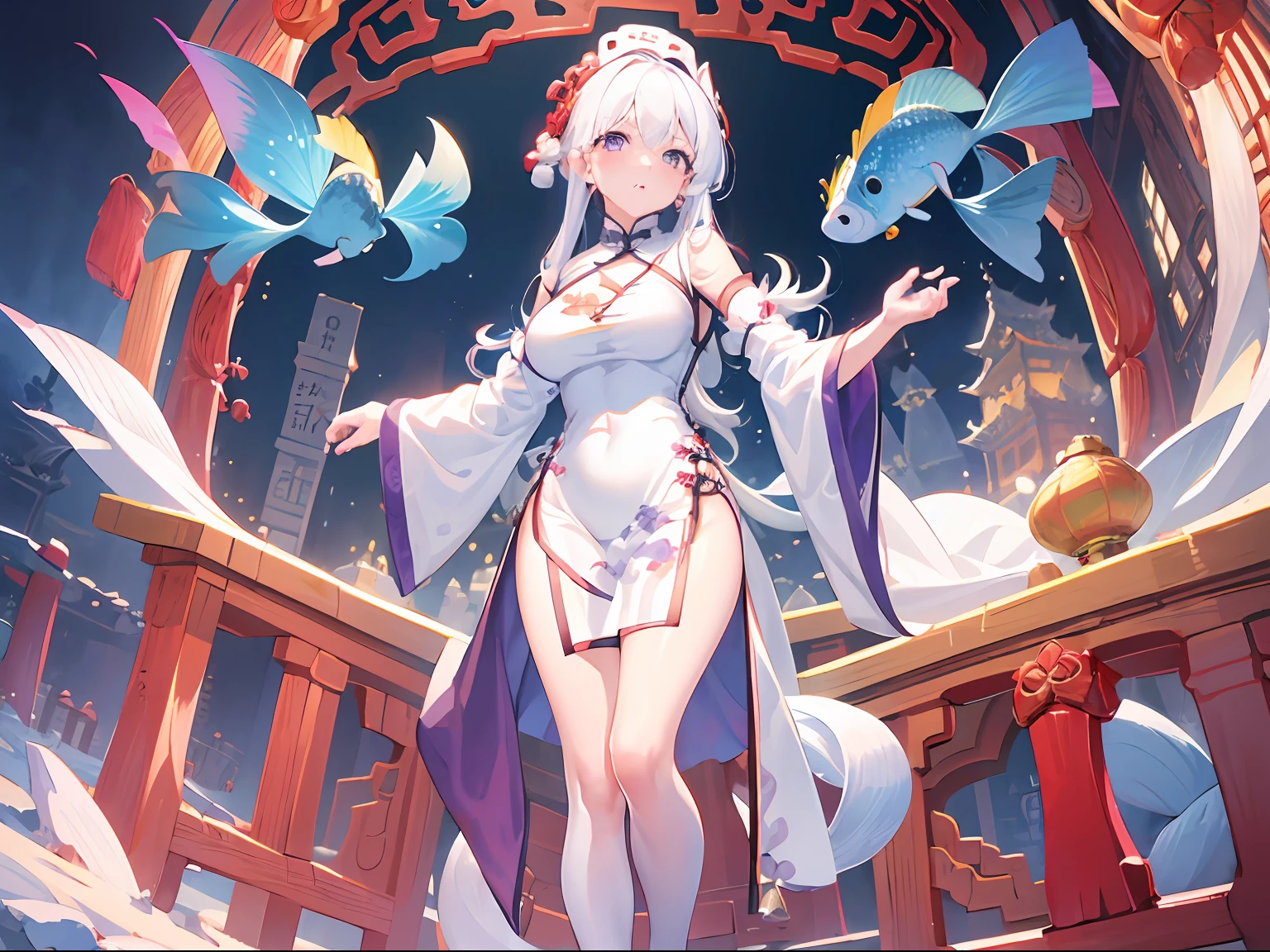 【(white background:1.5)::5】, (mid shot:0.95), (full body:1.25), Dynamic angle, 【Bottle bottom】,(fisheye:1.4), (falt color:1.3),colorful,(masterpiece:1,2), best quality,extremely detailed cg 8k wallpaper,best quality, masterpiece, highres, original, extremely detailed wallpaper, (solo:1.5),Detailed and baeutiful face,
1girl,solo,white hair,purple eyes, bare shoulders,big breasts,looking at viewer, (china dress:1.5),cleavage, (standing:1.3),outdoors,