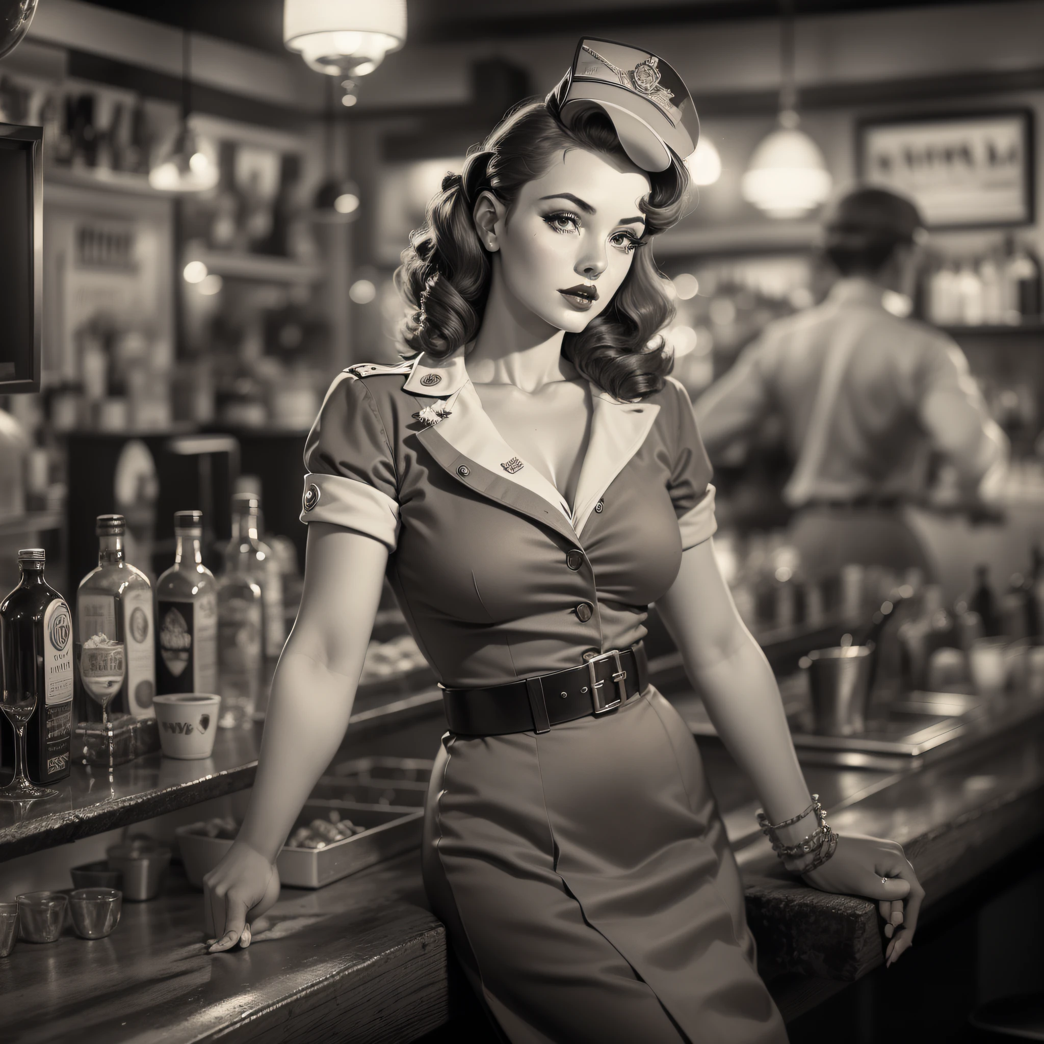 Uma imagem de uma impressionante garota pin-up dos tempos de guerra, dressed in a retro-inspired outfit, posing gracefully in a nostalgic 1940s bar. Black and white image adds a vintage touch to the scene, capturing the essence of the era's iconic pin-up art and vintage aesthetic.