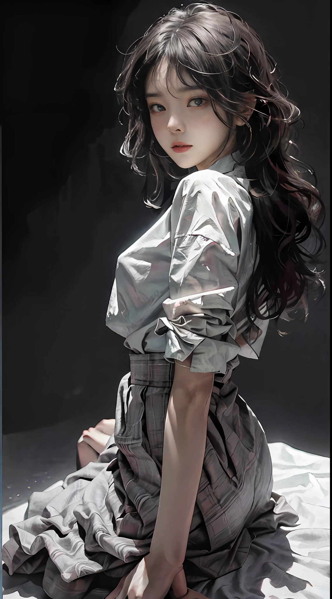 (RAW Photography、top-quality)、(realisitic、Photorealsitic:1.3)、top-quality、high-detail、masterpiece、ultra-detailliert、illustratio、1girl、upper_body、dynamic ungle、world masterpiece theater、messy_long_hair、top-quality、the Extremely Detailed CG Unity 8K Wallpapers、inky、magnifica、电影灯光、lens_flare、dunhuang_Style masterpiece, top-quality, 35mm, 8K, absurderes, a beauty girl, (The upper part of the body, Dark gray background:1.4),, A slender, Dark Studio, Rim Lighting, A hyper-realistic, hight resolution, a picture, film grains, chromatic abberation, depth of fields, foco nítido, HDR, face lights, Dynamic lighting, Cinematographic lighting, Professional Shadows, Dark Shadows, highestdetailed, Extreme details, ultra-detailliert, fine, authentic skin、delicated facial features、detailed faces and eyes、Sharp pupils、Realistic pupils、Trang Tien、skirt by the、Curly hair、A dark-haired