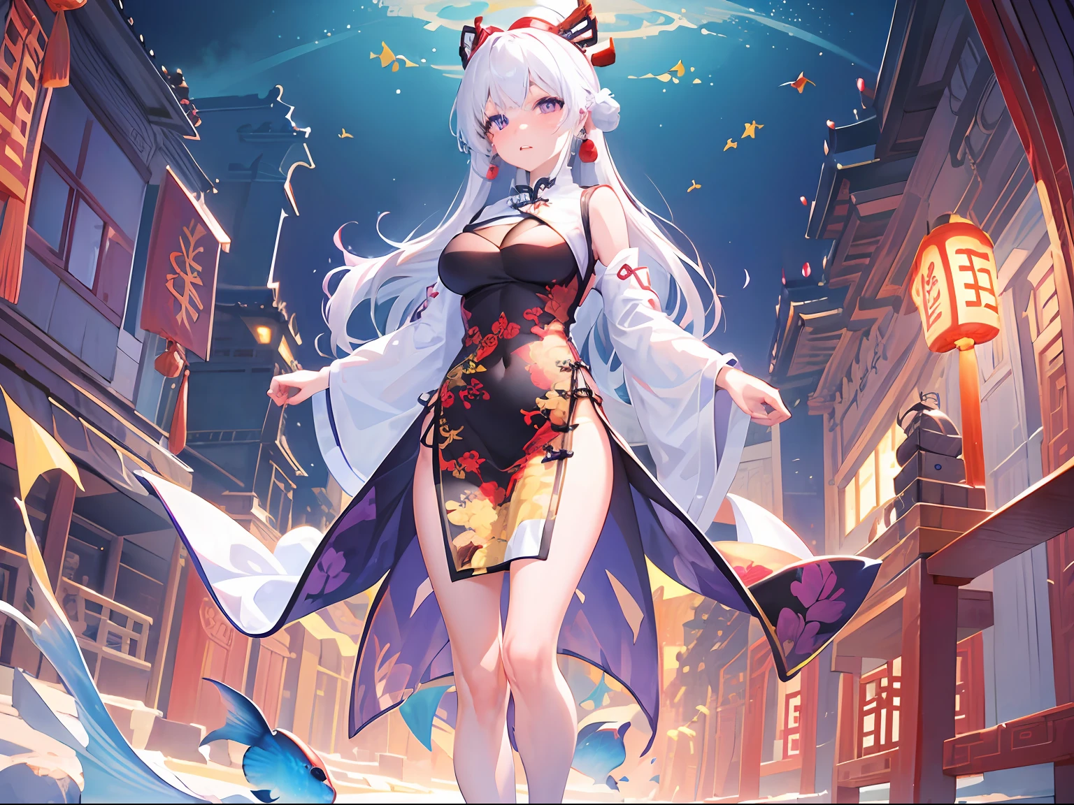 【(white background:1.5)::5】, (mid shot:0.95), (full body:1.25), Dynamic angle, 【Bottle bottom】,(fisheye:1.4), (falt color:1.3),colorful,(masterpiece:1,2), best quality,extremely detailed cg 8k wallpaper,best quality, masterpiece, highres, original, extremely detailed wallpaper, (solo:1.5),Detailed and baeutiful face,
1girl,solo,white hair,purple eyes, bare shoulders,big breasts,looking at viewer, (china dress:1.5),cleavage, (standing:1.3),outdoors,