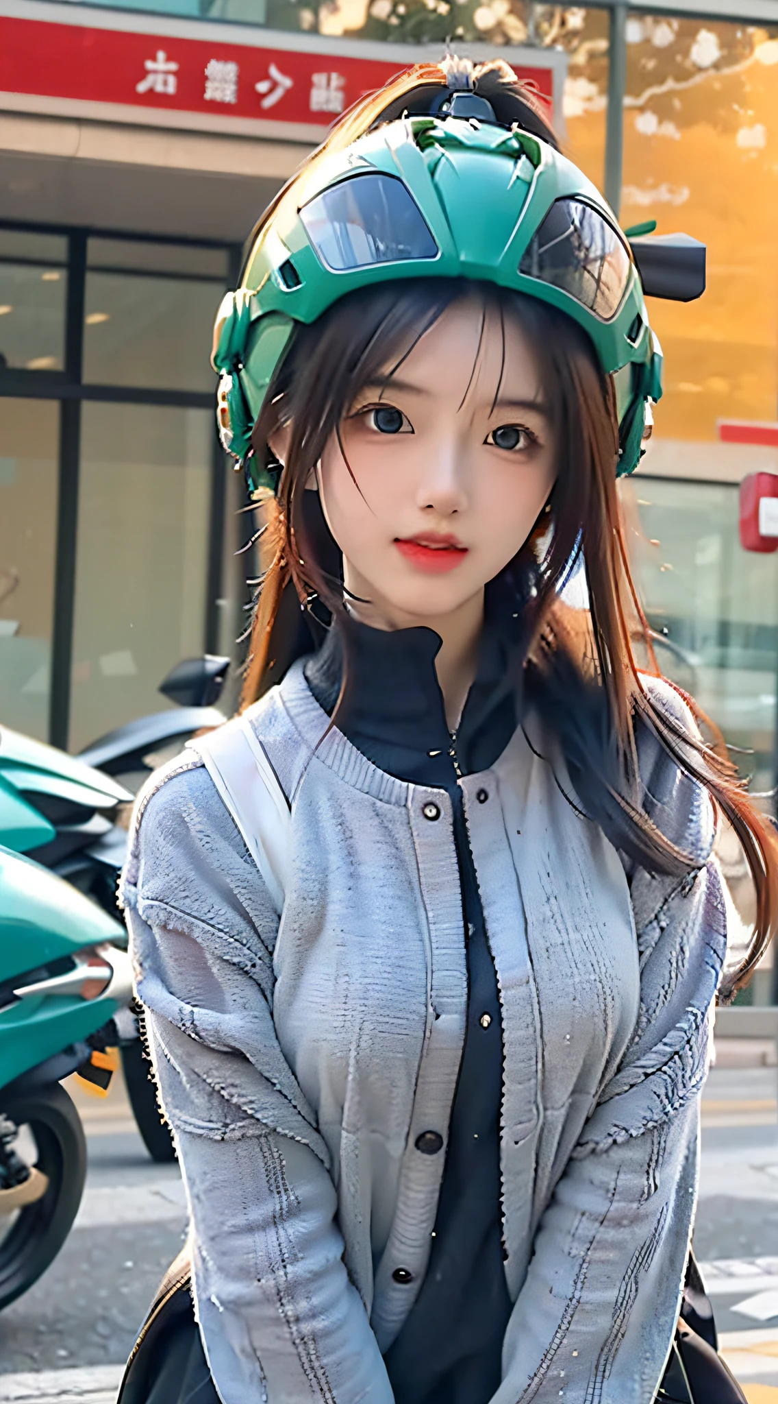 Highest image quality, outstanding details, ultra-high resolution, (realism: 1.4), the best illustration, favor details, highly condensed 1girl, with a delicate and beautiful face, dressed in a black and green mecha, wearing a mecha helmet, holding a directional controller, riding on a motorcycle, the background is a high-tech lighting scene of the future city.