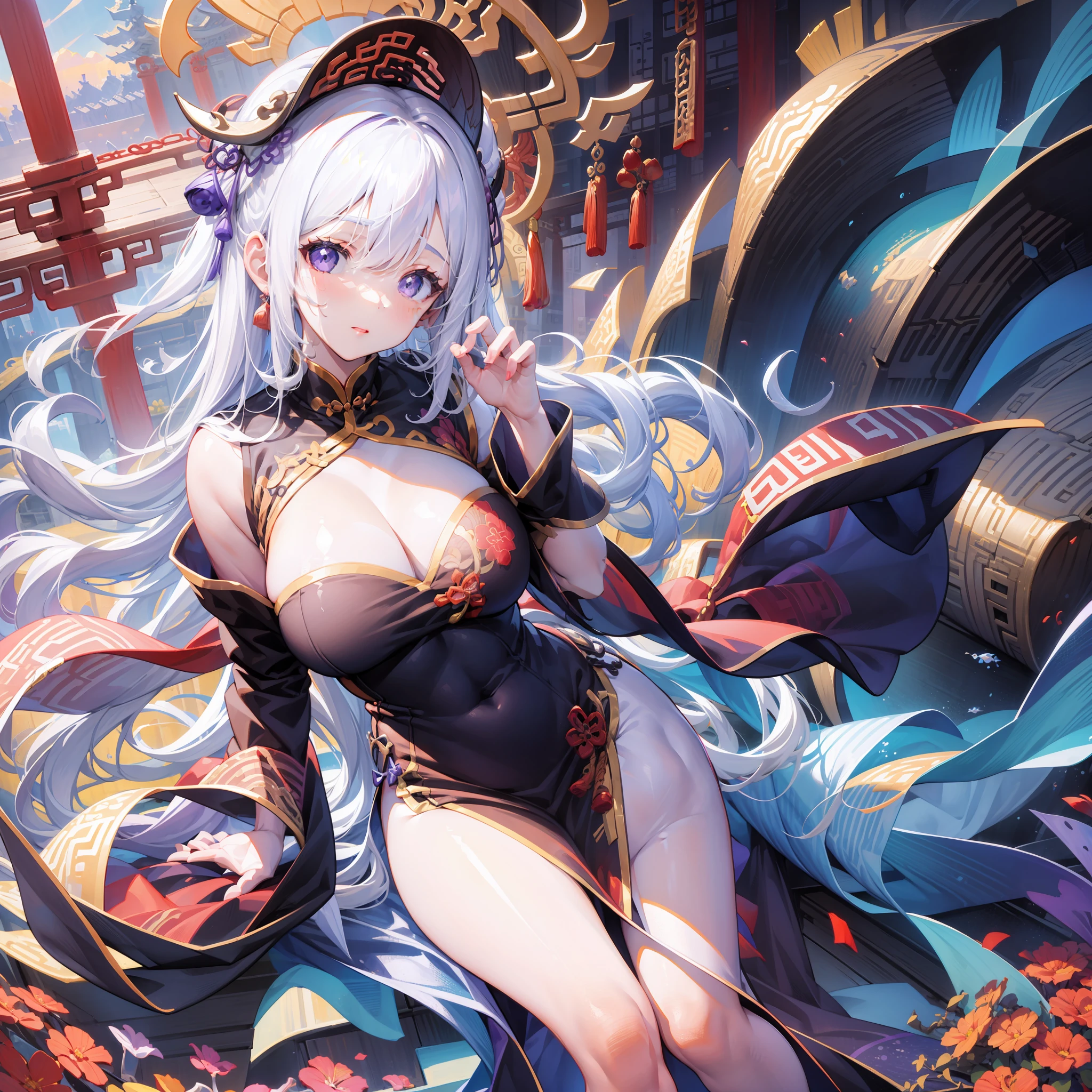【(white background:1.5)::5】, (mid shot:0.95), (full body:1.25), Dynamic angle, 【Bottle bottom】,(fisheye:1.4), (falt color:1.3),colorful,(masterpiece:1,2), best quality,extremely detailed cg 8k wallpaper,best quality, masterpiece, highres, original, extremely detailed wallpaper, (solo:1.5),Detailed and baeutiful face,
1girl,solo,white hair,purple eyes, bare shoulders,big breasts,looking at viewer, (china dress:1.5),cleavage, (standing:1.3),outdoors,