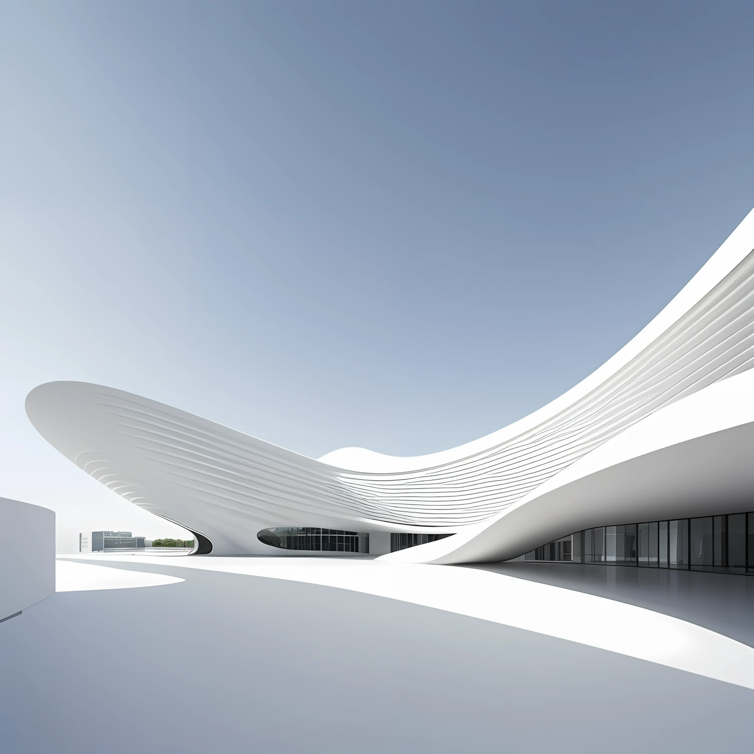 Image of Alafard in a white room with sky background,White minimalist building in Zaha Hadid style,curved perspective,curvilinear architecture,circular design,Wavy white landscape,clean render,smooth surface render,Wrap around the white space,Curved and smooth architecture。