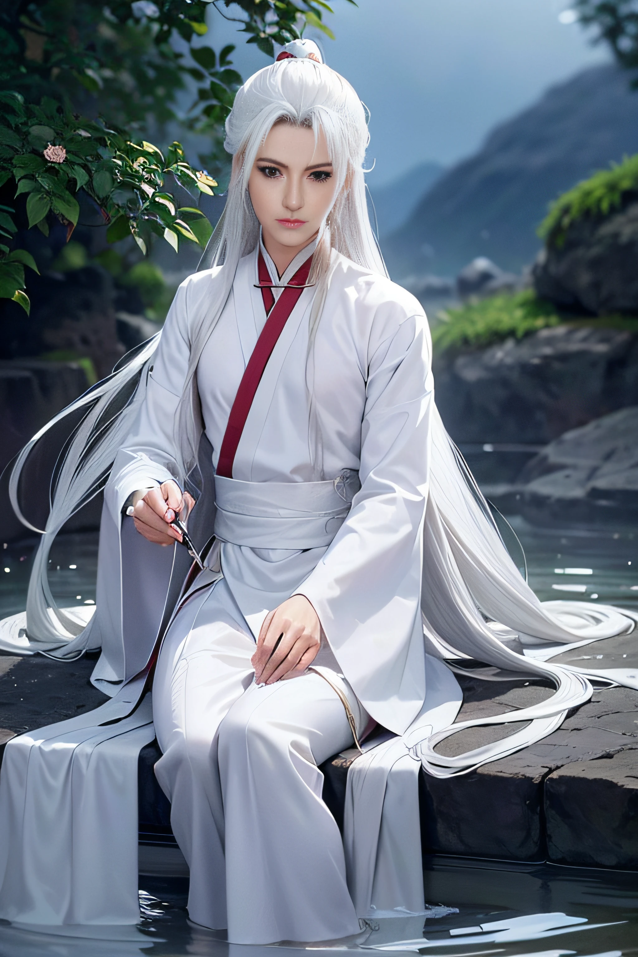 A handsome man bathing in the moonlight, he has strong chest muscles, women will fall in love with him when they see him, high-definition pictures, amazing quality, 8k high-definition, beautiful eyes, high nose bridge, pointed chin, Wearing Hanfu, Hanfu is made of white gauze, exuding a beautiful light,The man has long hair, his hairline is low and his hair is silver white,He has long hair like martial arts novels,Outdoor scene with sakura trees around and petals falling down,The man has silver-white bangs and long silver-white hair that grows to his waist,He is dressed in silk, a white slightly sheer Chinese robe,His normal body is in the hot spring, night,There are many fireflies flying around, the environment is beautiful and beautiful,his hair is very long,Chinese style, Chinese ancient style, Hanfu,The man has very long hair, silver and white hair, wearing a beautiful Chinese hairpin,Changing his original hairstyle and extending the bangs of this man, let him have the long hair of ancient Chinese people, he has silver-white long hair,He holds a silver Chinese sword in his hand, the Chinese sword is very gorgeous, the sword is shining, he has silver-white eyebrows, he has long eyelashes, he has beautiful eyes, he has slender fingers,He is so handsome that women fall in love with him instantly,Lowering his hairline, sideburns elongated into silver hair,Showing off his toned pecs, perfect body,His body exudes a beautiful light,Loose long hair, long silver-white hair, long hair scattered on the shoulders, long hair scattered to the waist,He's in the hot spring, he's getting wet, he's sitting in the hot spring,turned his black eyebrows to silvery white,night scene,extend all his hair,His hair has a Chinese-style hairpin made of milky white jade,His silver-white hair is very long, and his hair is very flowing, and his hair is flying in the air,The material of the clothes is sheer tulle,His clothes are made of silk, very thin robes,Ancient Chinese Hanfu, beautiful Han