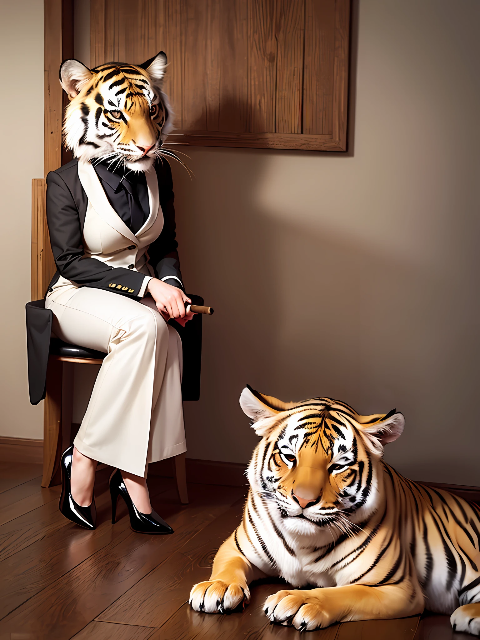 femele,Cold and glamorous,Hand-lit cigars,Sit on a tiger chair,In the wooden house,Dim light,Swirling smoke,white business suit,High heels