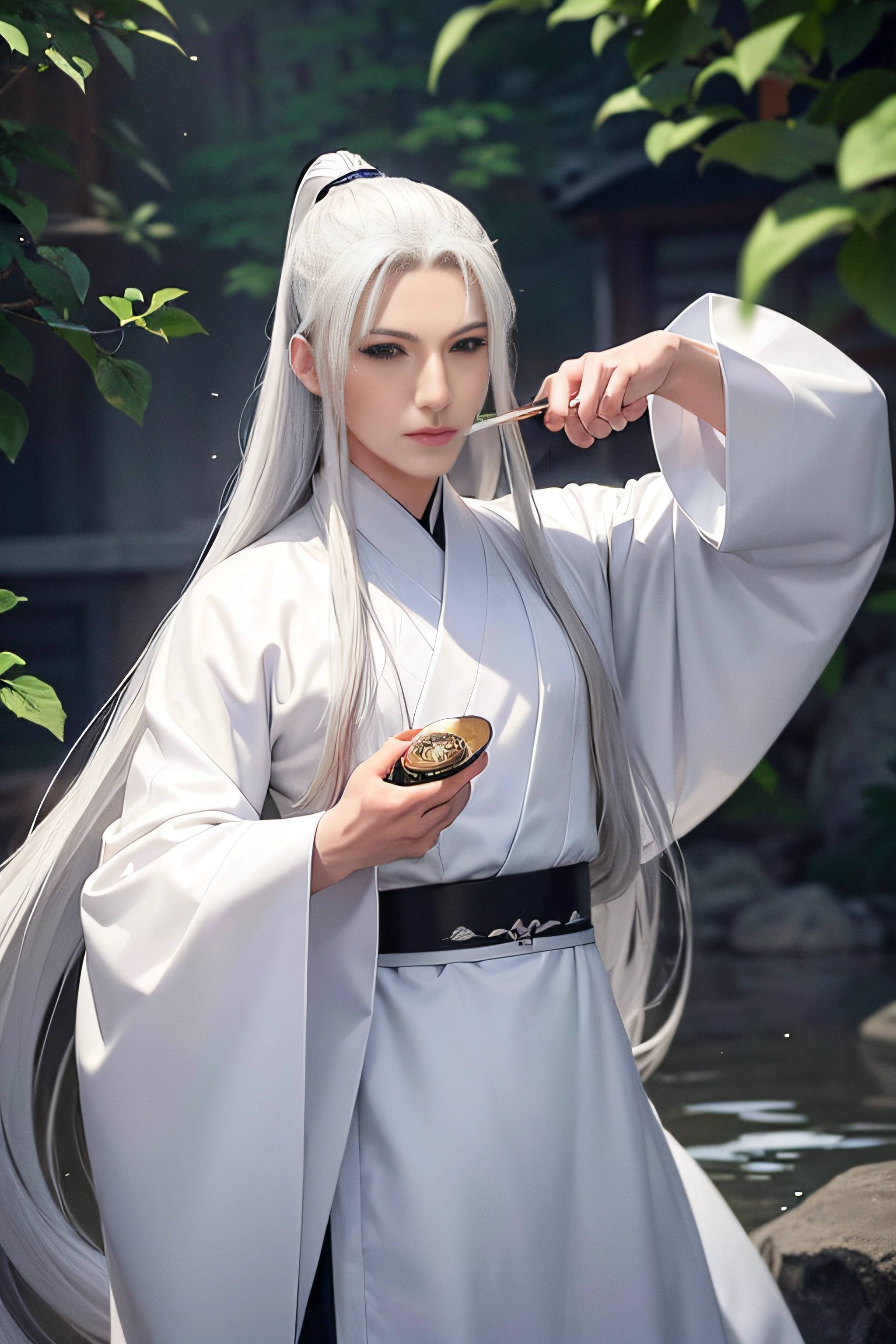 A handsome man bathing in the moonlight, he has strong chest muscles, women will fall in love with him when they see him, high-definition pictures, amazing quality, 8k high-definition, beautiful eyes, high nose bridge, pointed chin, Wearing Hanfu, Hanfu is made of white gauze, exuding a beautiful light,The man has long hair, his hairline is low and his hair is silver white,He has long hair like martial arts novels,Outdoor scene with sakura trees around and petals falling down,The man has silver-white bangs and long silver-white hair that grows to his waist,He is dressed in silk, a white slightly sheer Chinese robe,His normal body is in the hot spring, night,There are many fireflies flying around, the environment is beautiful and beautiful,his hair is very long,Chinese style, Chinese ancient style, Hanfu,The man has very long hair, silver and white hair, wearing a beautiful Chinese hairpin,Changing his original hairstyle and extending the bangs of this man, let him have the long hair of ancient Chinese people, he has silver-white long hair,He holds a silver Chinese sword in his hand, the Chinese sword is very gorgeous, the sword is shining, he has silver-white eyebrows, he has long eyelashes, he has beautiful eyes, he has slender fingers,He is so handsome that women fall in love with him instantly,Lowering his hairline, sideburns elongated into silver hair,Showing off his toned pecs, perfect body,His body exudes a beautiful light,Loose long hair, long silver-white hair, long hair scattered on the shoulders, long hair scattered to the waist,He's in the hot spring, he's getting wet, he's sitting in the hot spring,turned his black eyebrows to silvery white,night scene,extend all his hair,His hair has a Chinese-style hairpin made of milky white jade,His silver-white hair is very long, and his hair is very flowing, and his hair is flying in the air,The material of the clothes is sheer tulle,His clothes are made of silk, very thin robes,Ancient Chinese Hanfu, beautiful Han